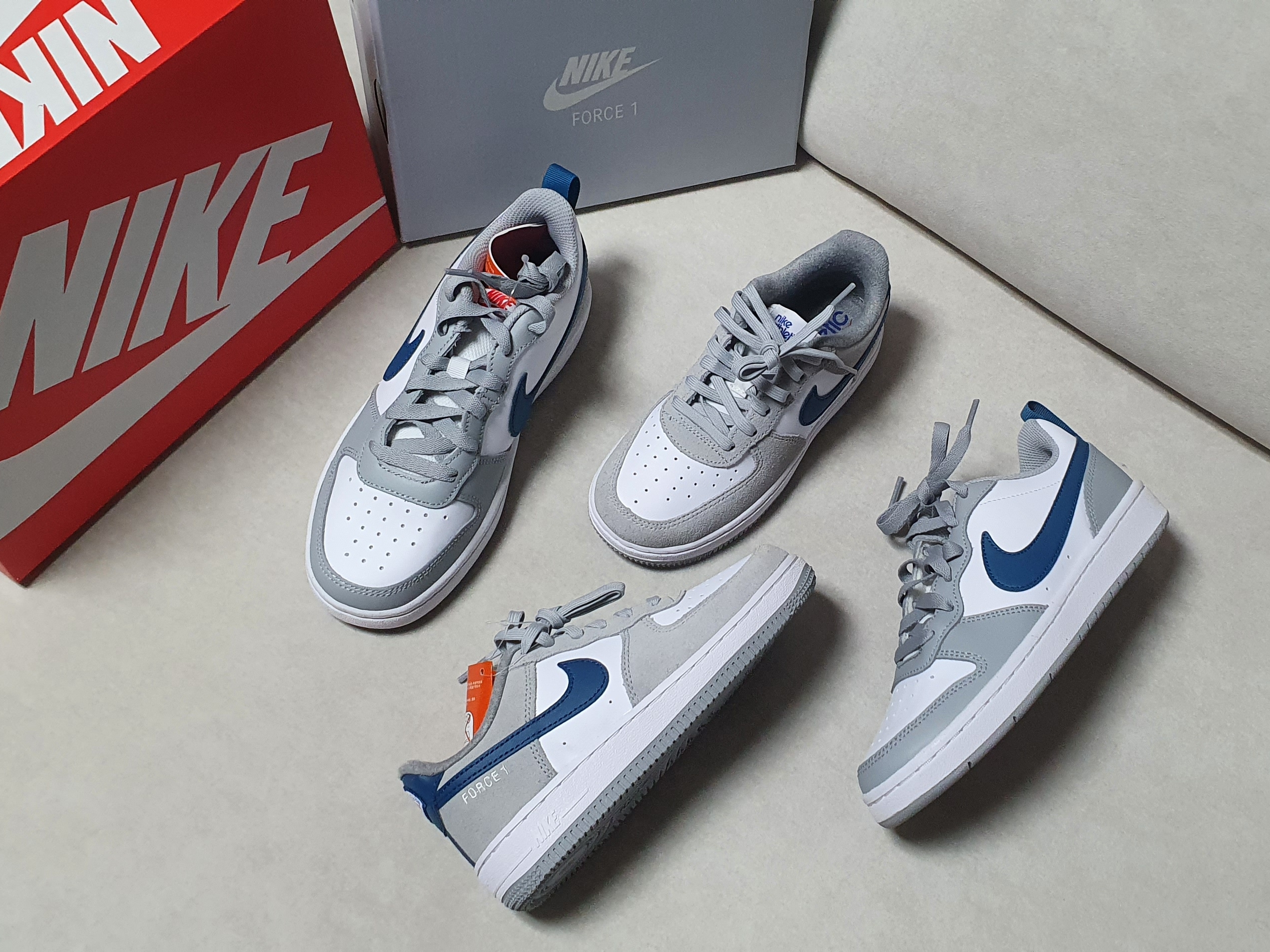 (PS) Nike Air Force 1 LV8 Athletic Club Light Smoke Grey Marina, (GS) Nike Court Borough Low 2 Light Smoke Grey 착용 스타일