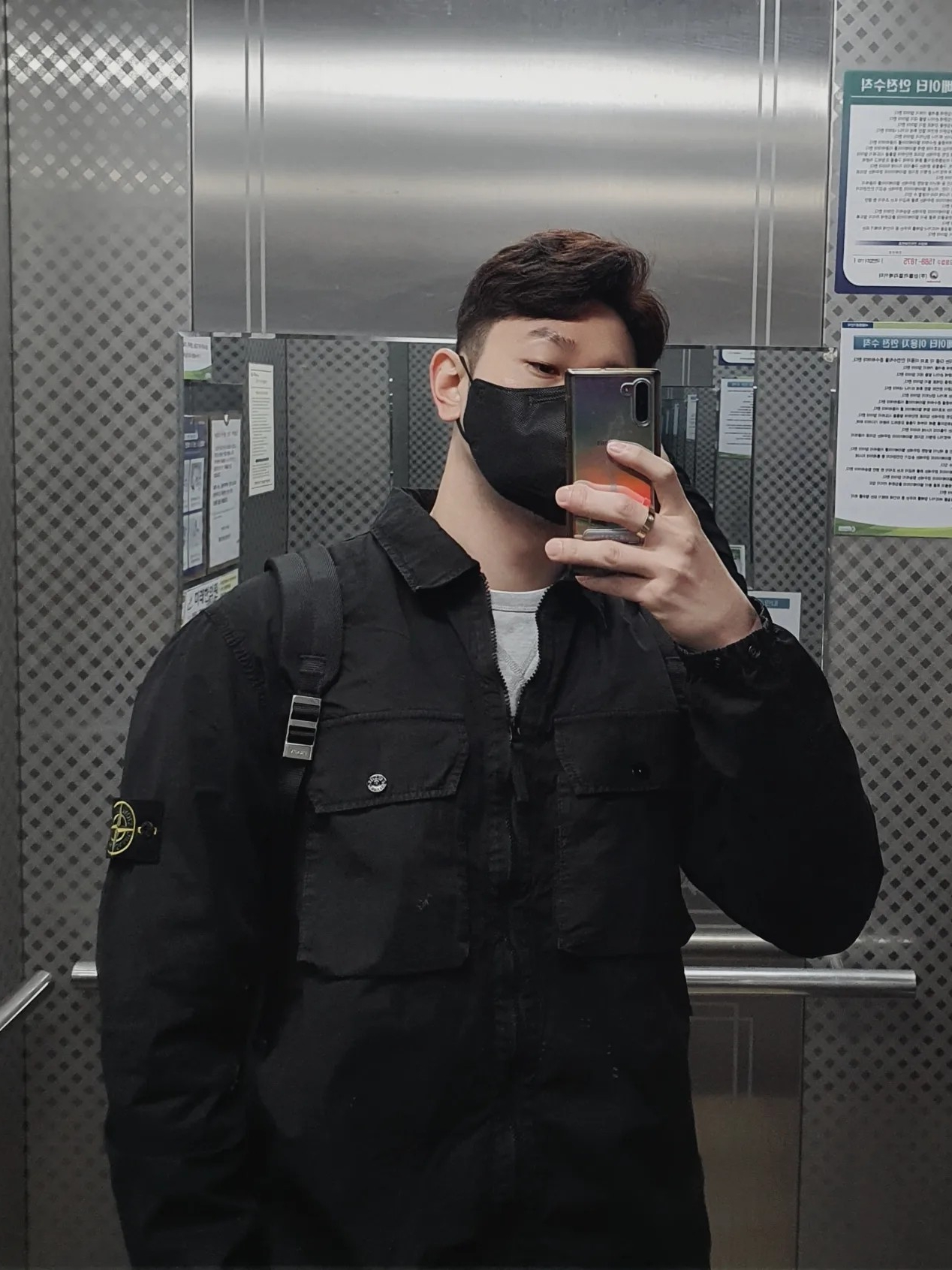 Stone Island 113WN T.CO+OLD Overshirt Black - 21FW, Prada Re-Nylon and Saffiano Leather Backpack Black 착용 스타일 - 1