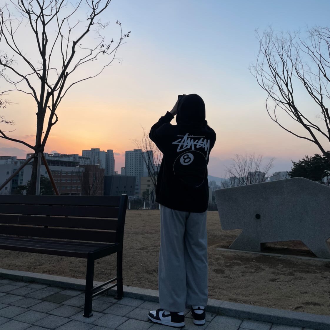 Stussy 8 Ball Hoodie Black - 21FW, Nike Dunk High Retro Championship White 착용 스타일 - 1