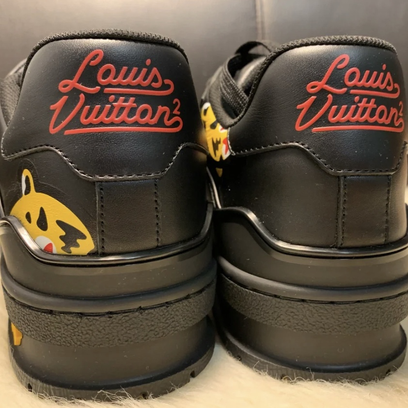 Louis Vuitton x Nigo LV Trainer Sneakers Black, Louis Vuitton x Nigo Monogram Patchwork Denim Hoodie Indigo 착용 스타일 - 3