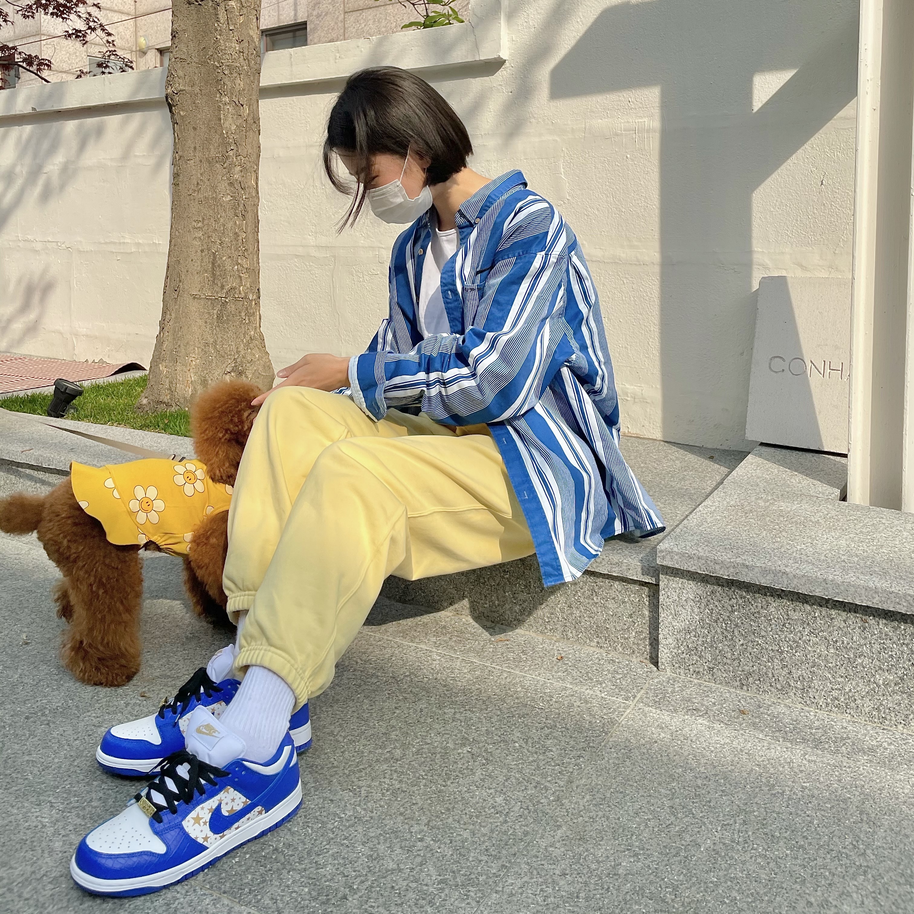 Nike x Supreme SB Dunk Low Hyper Blue, Supreme x Nike Cotton Twill Shirt Blue Stripe - 21SS 착용 스타일 - 1