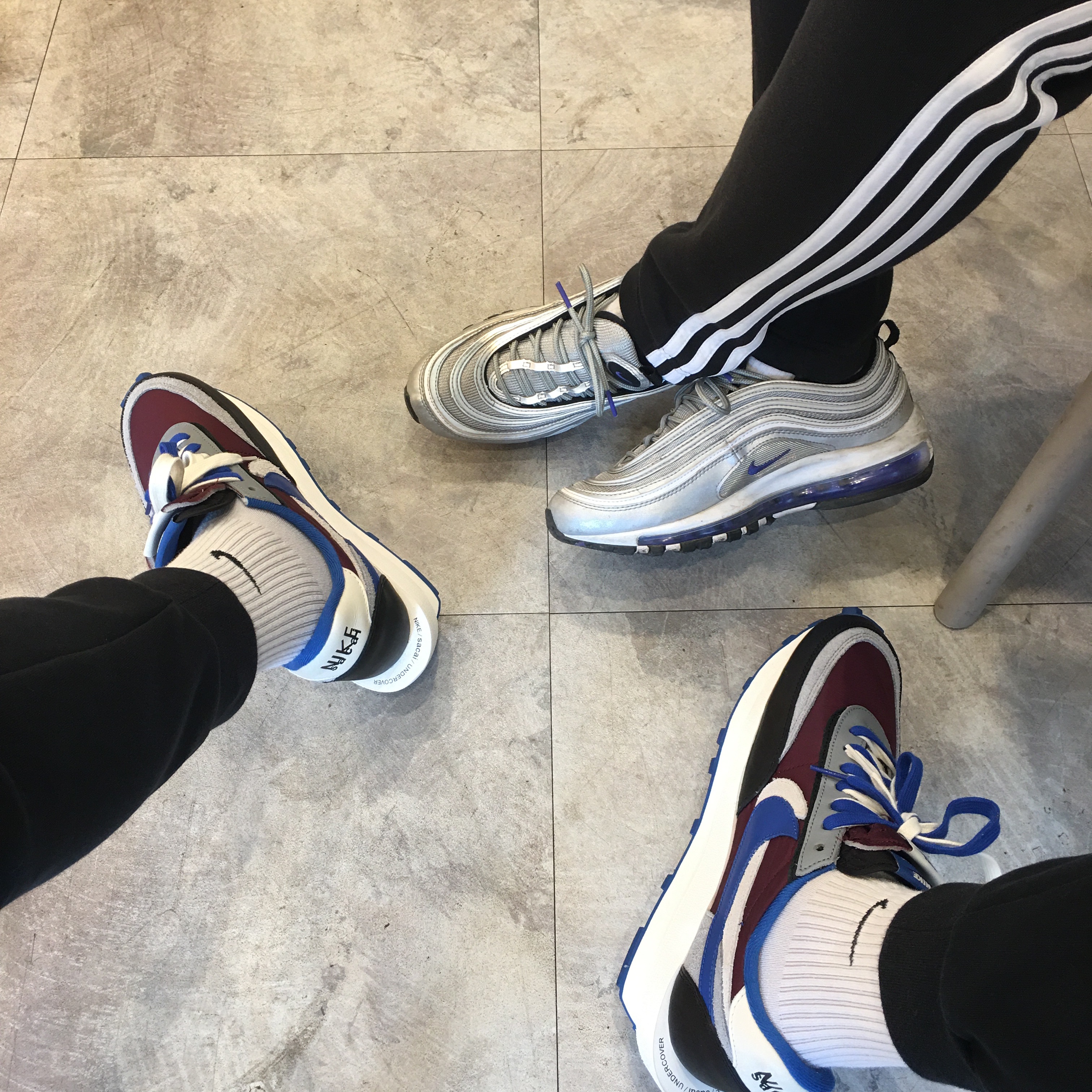 Nike x Sacai x Undercover LDWaffle Night Maroon Team Royal, Nike Air Max 97 Persian Violet 착용 스타일