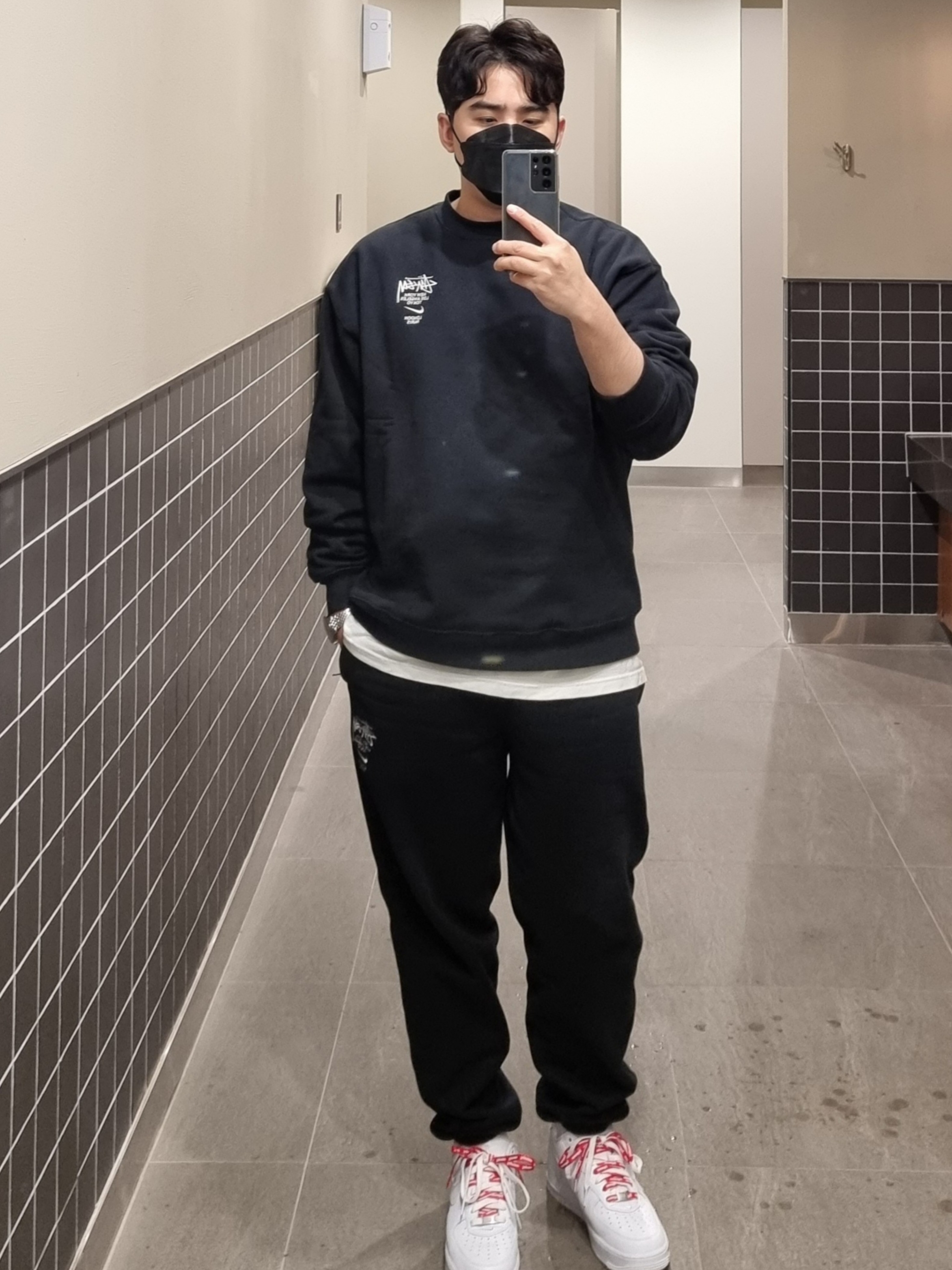 Nike x Stussy NRG ZR Fleece Pants Black - US/EU, Nike x Stussy NRG ZR Fleece Crewneck Black - US/EU 착용 스타일