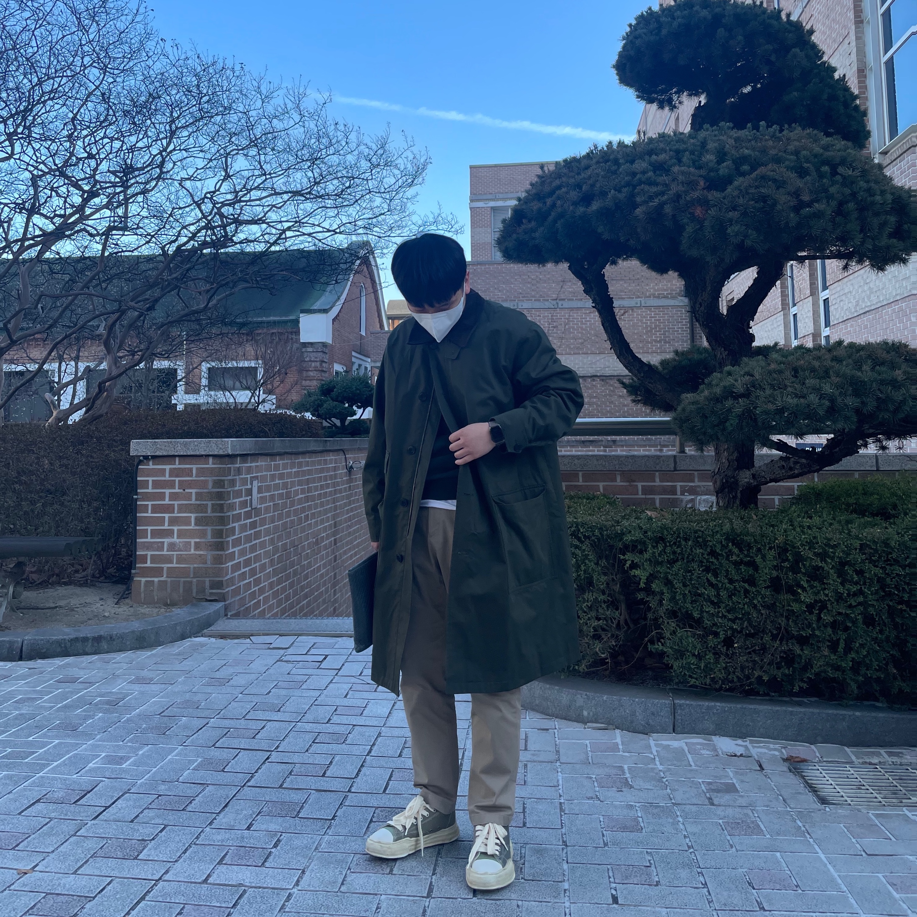 Maison Mihara Yasuhiro Peterson OG Sole OD Canvas Low-top Sneakers Green, AMI de Coeur Sweatshirt Evergreen - 22SS 착용 스타일