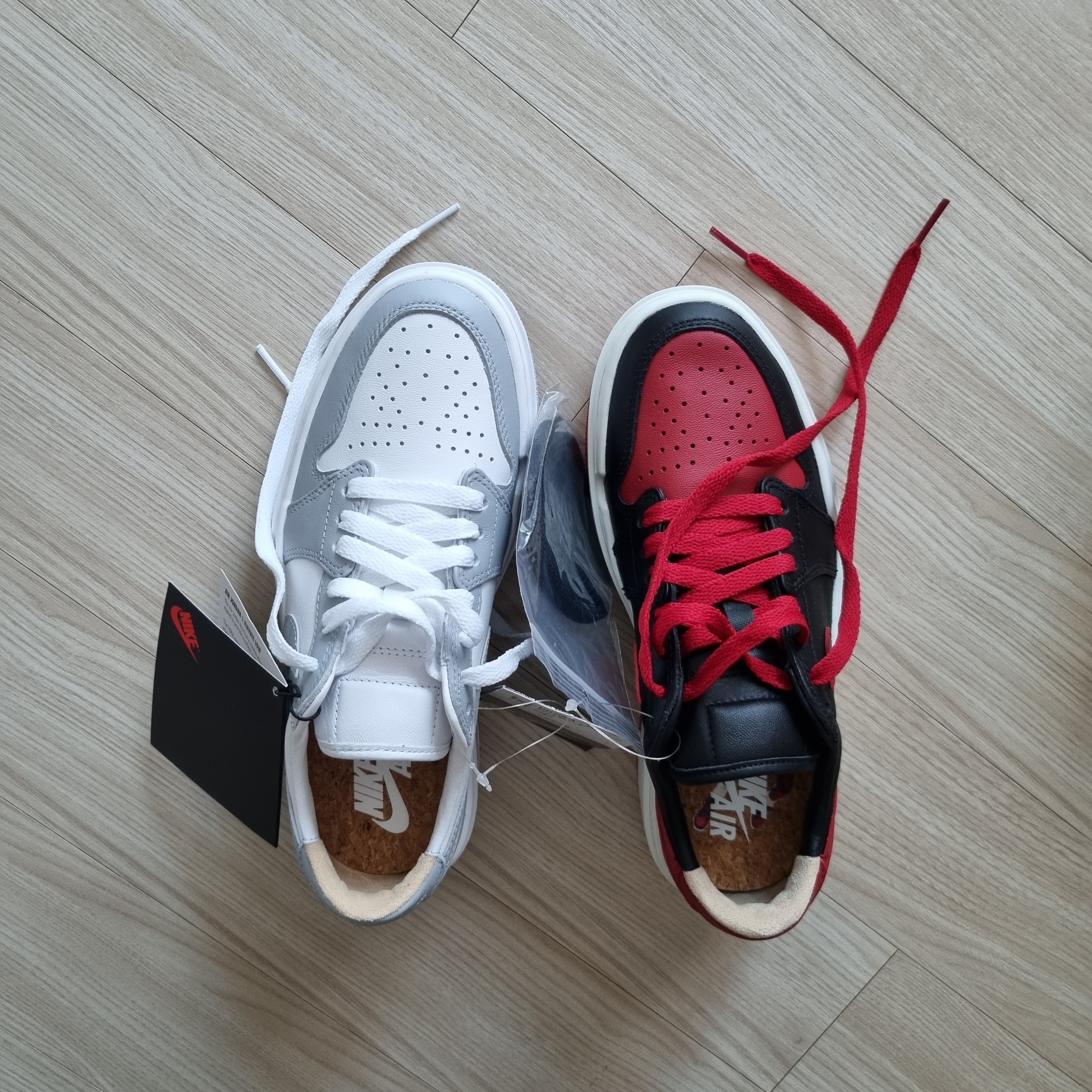 (W) Jordan 1 Elevate Low White and Wolf Grey, (W) Jordan 1 Elevate Low SE Bred 착용 스타일 - 1