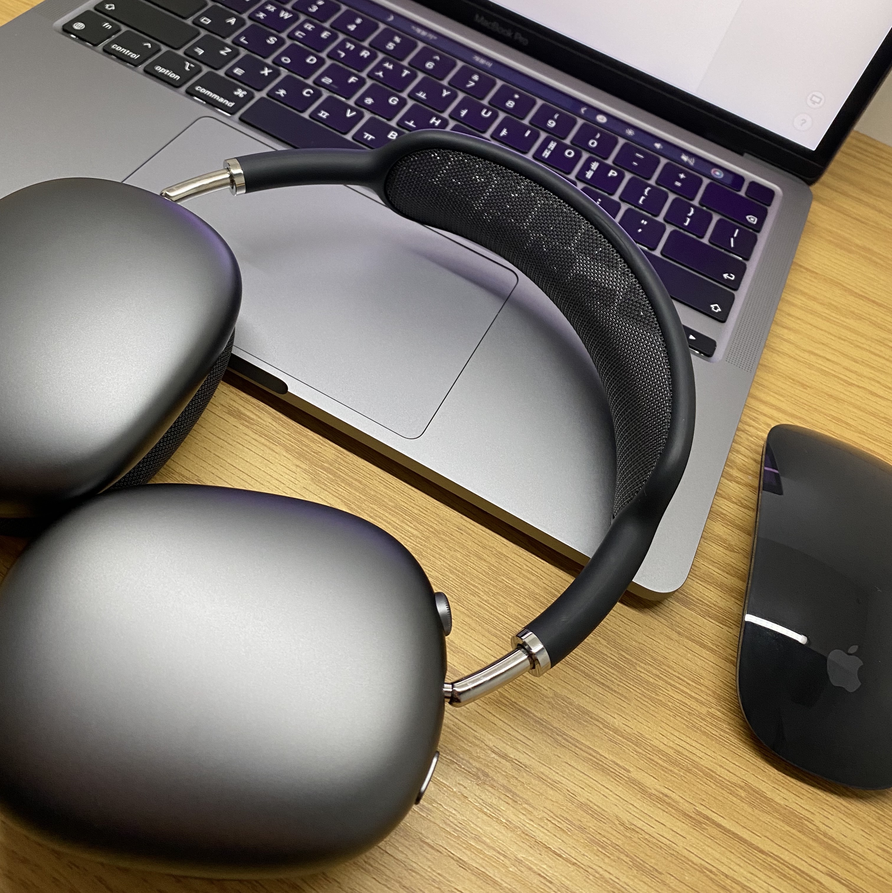 Apple AirPods Max Lightning Space Gray (Korean Ver.), Apple Magic Mouse Multi-Touch Surface Black (Korean Ver.) 착용 스타일