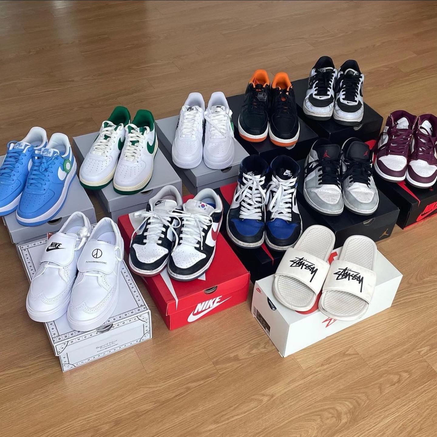Nike x Peaceminusone Kwondo1 White, Nike Air Force 1 '07 Low University Blue 착용 스타일 - 2