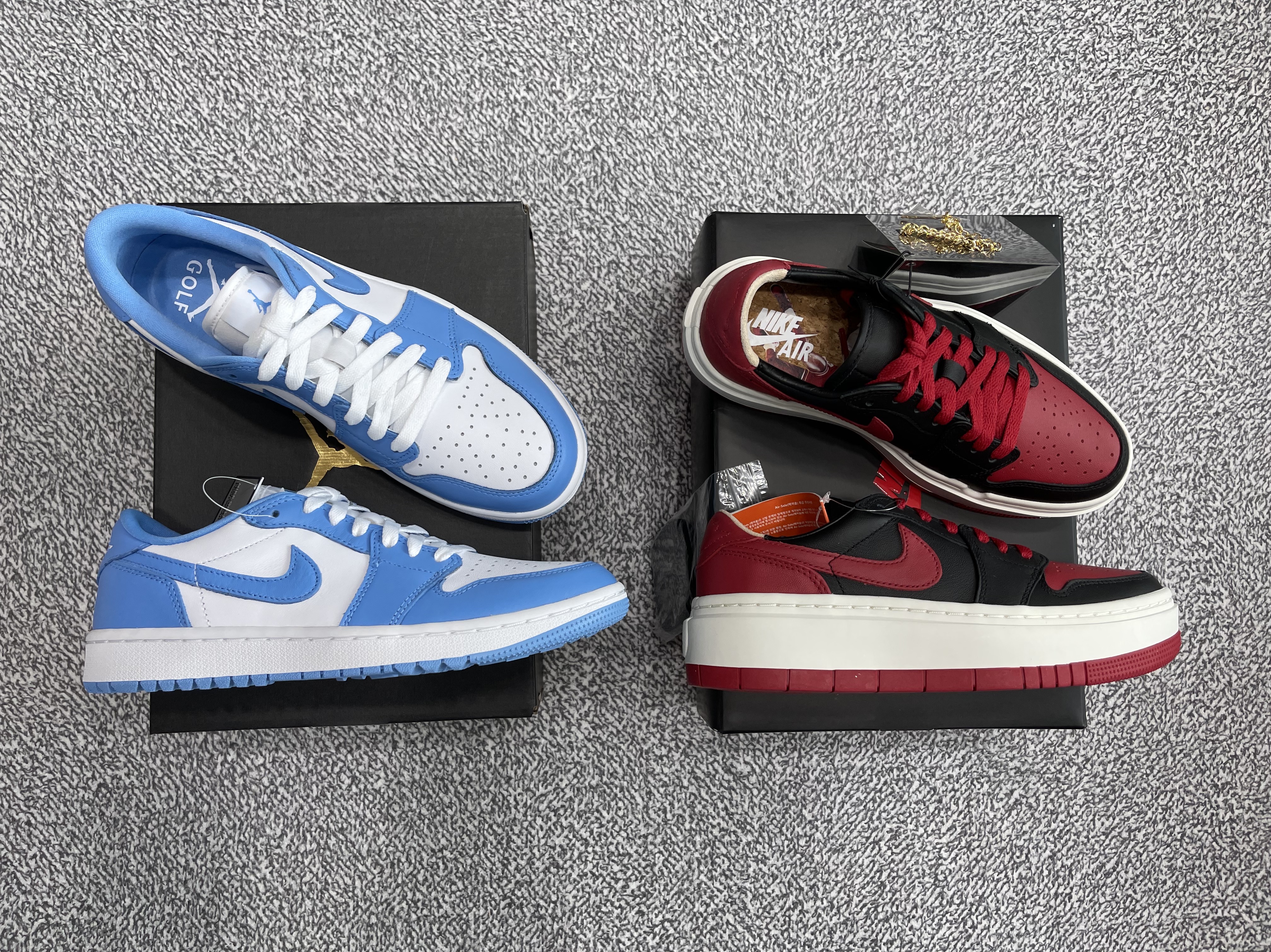 (W) Jordan 1 Elevate Low SE Bred, Jordan 1 Low Golf White and University Blue 착용 스타일