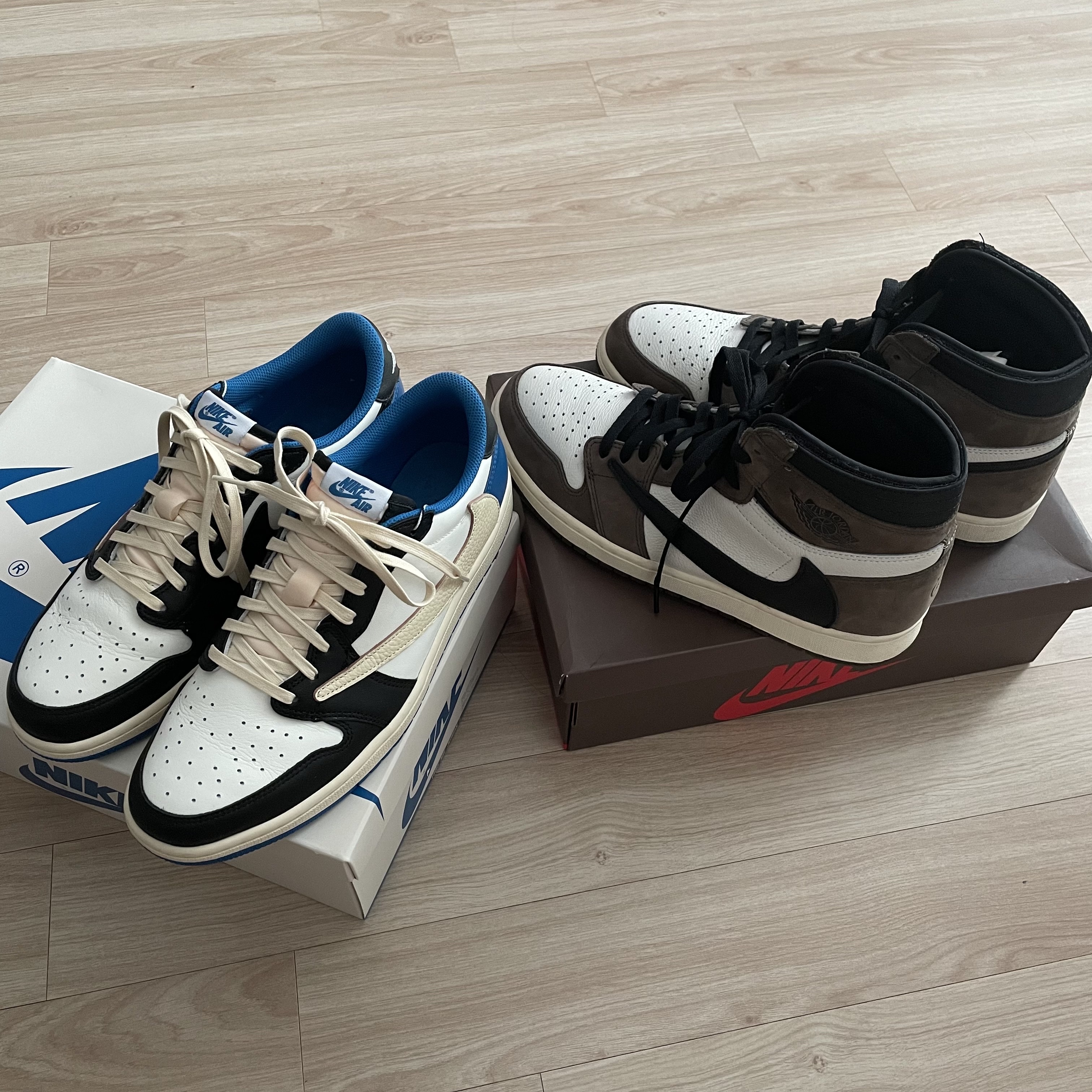 Jordan 1 x Travis Scott x Fragment Retro Low OG SP Military Blue, Jordan 1 x Travis Scott Retro High OG SP Mocha 착용 스타일
