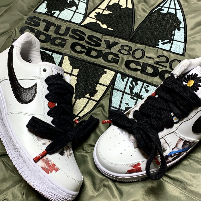 Stussy x CDG MA-1 Jacket Olive, Nike x Peaceminusone Air Force 1 Low Para-Noise 2.0 착용 스타일