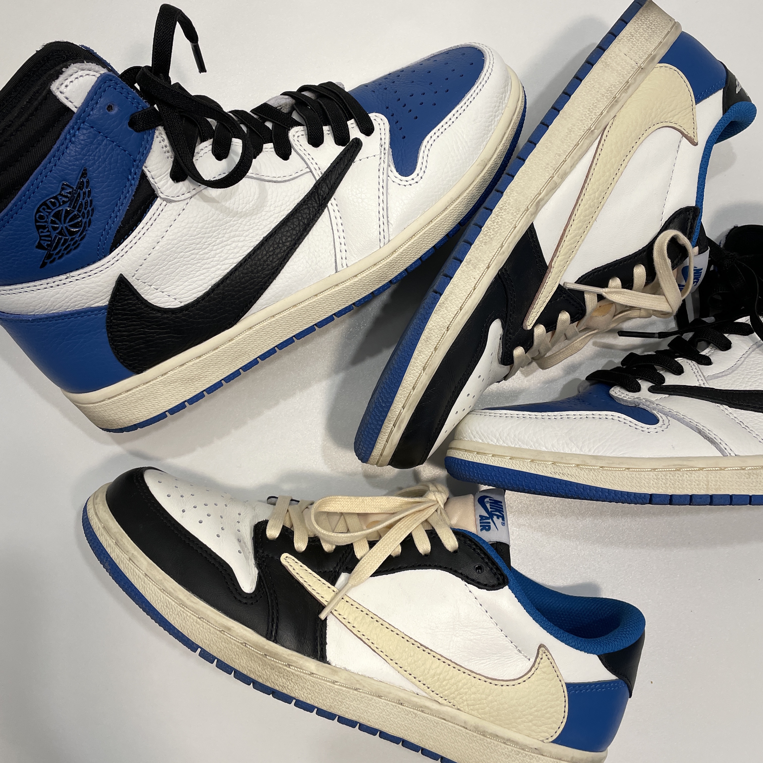 Jordan 1 x Travis Scott x Fragment Retro High OG SP Military Blue, Jordan 1 x Travis Scott x Fragment Retro Low OG SP Military Blue 착용 스타일