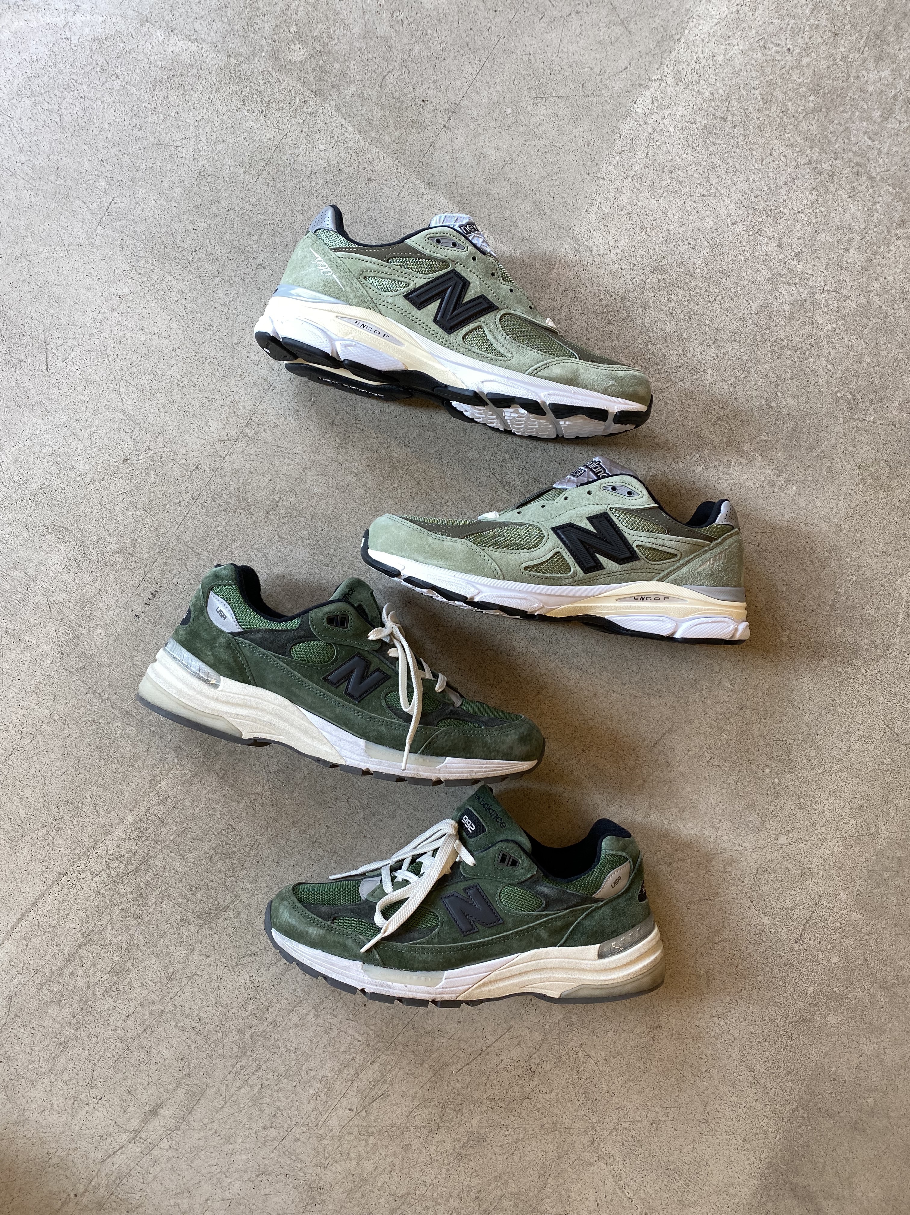 New Balance x JJJJound 990v3 Olive, New Balance x JJJJound 992 Made in USA Mossy Green 착용 스타일