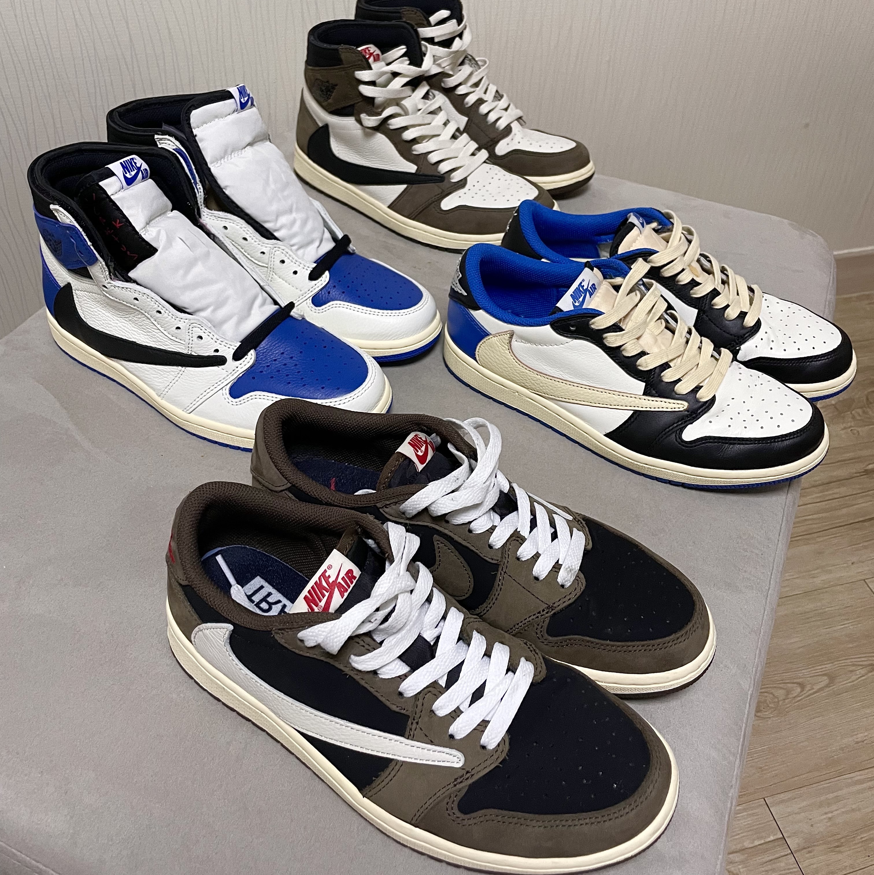 Jordan 1 x Travis Scott x Fragment Retro Low OG SP Military Blue, Jordan 1 x Travis Scott Retro High OG SP Mocha 착용 스타일