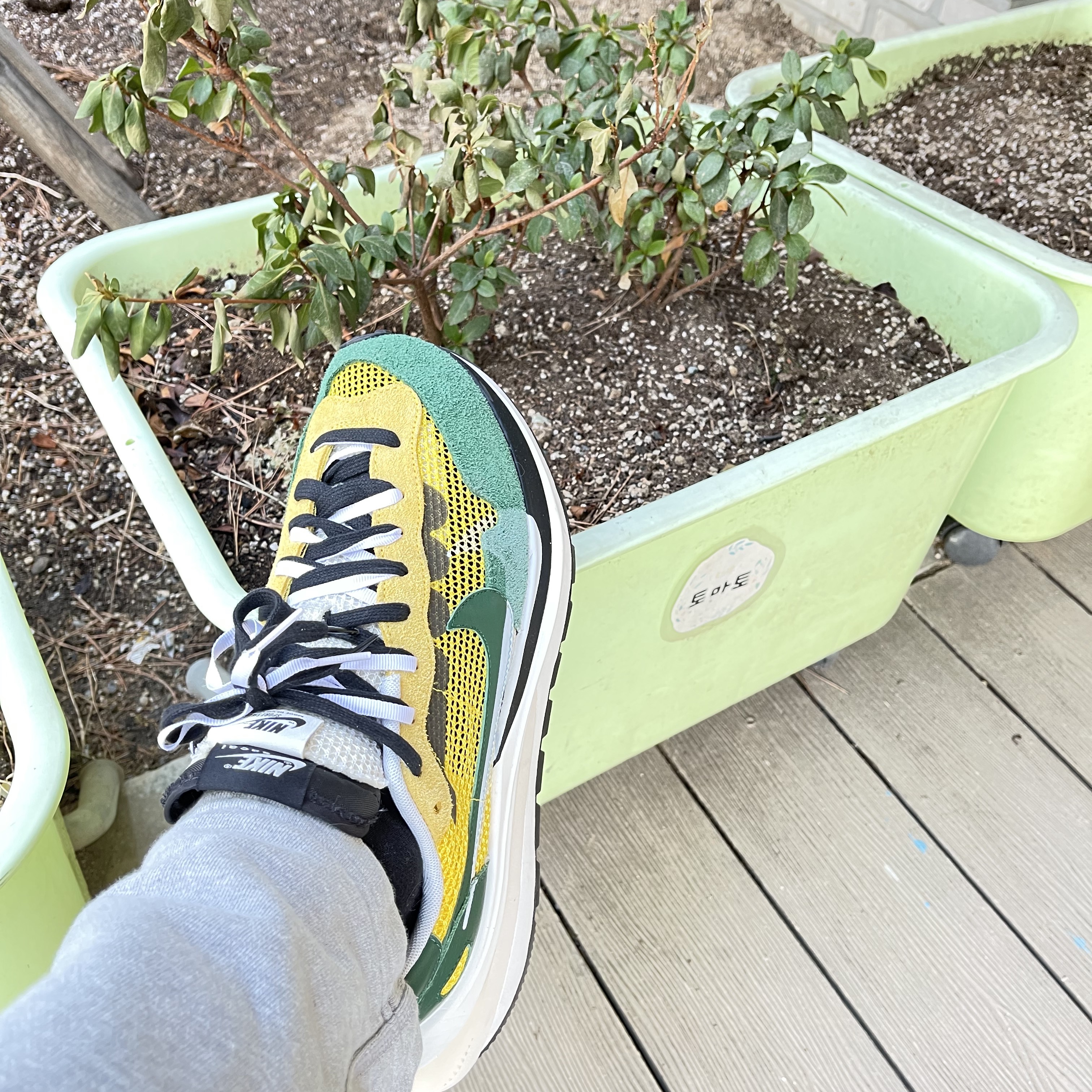 Nike x Sacai VaporWaffle Tour Yellow & Gorge Green Sail 착용 스타일