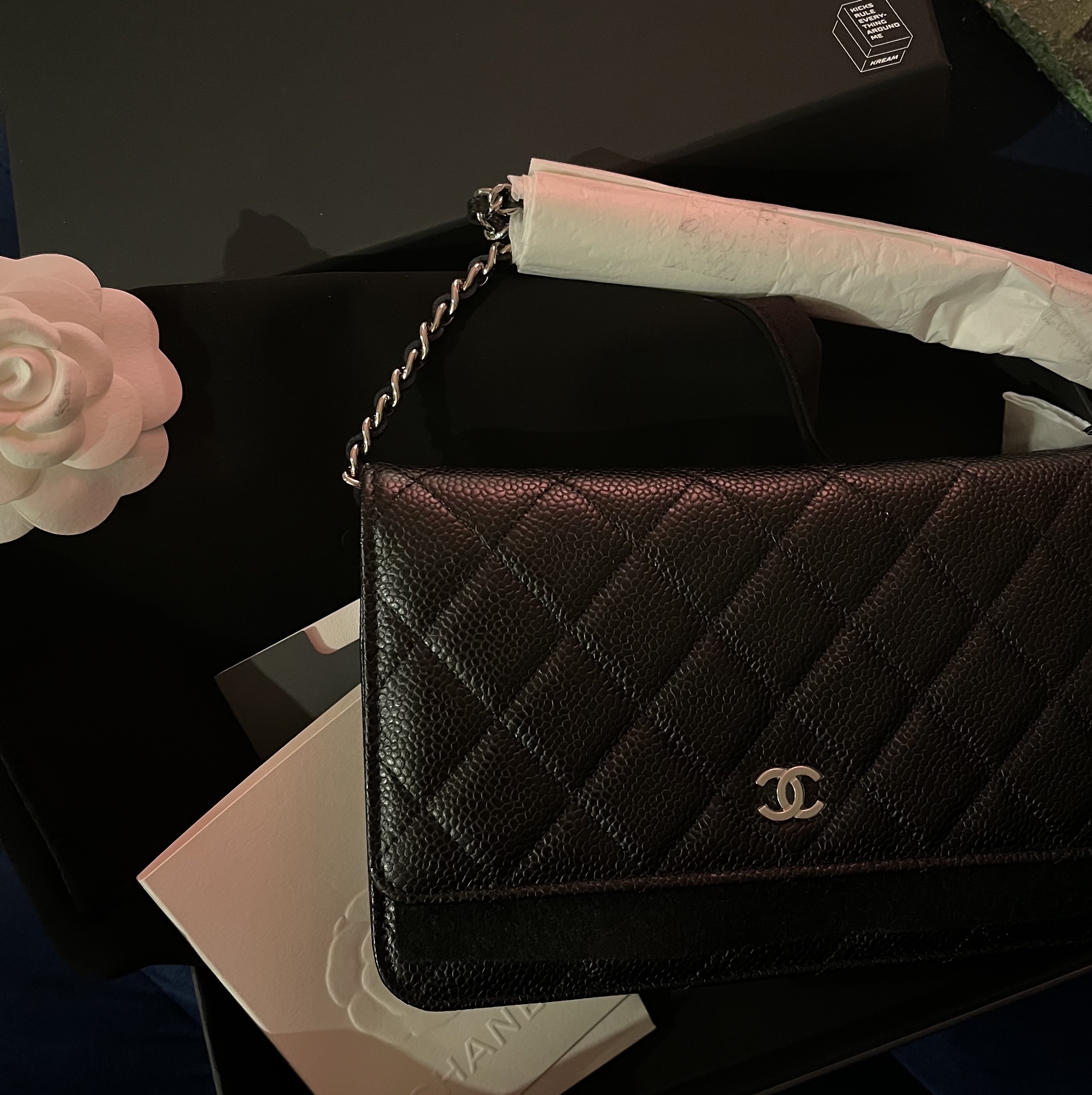 Chanel Classic Wallet On Chain Grained Calfskin & Silver Black 착용 스타일