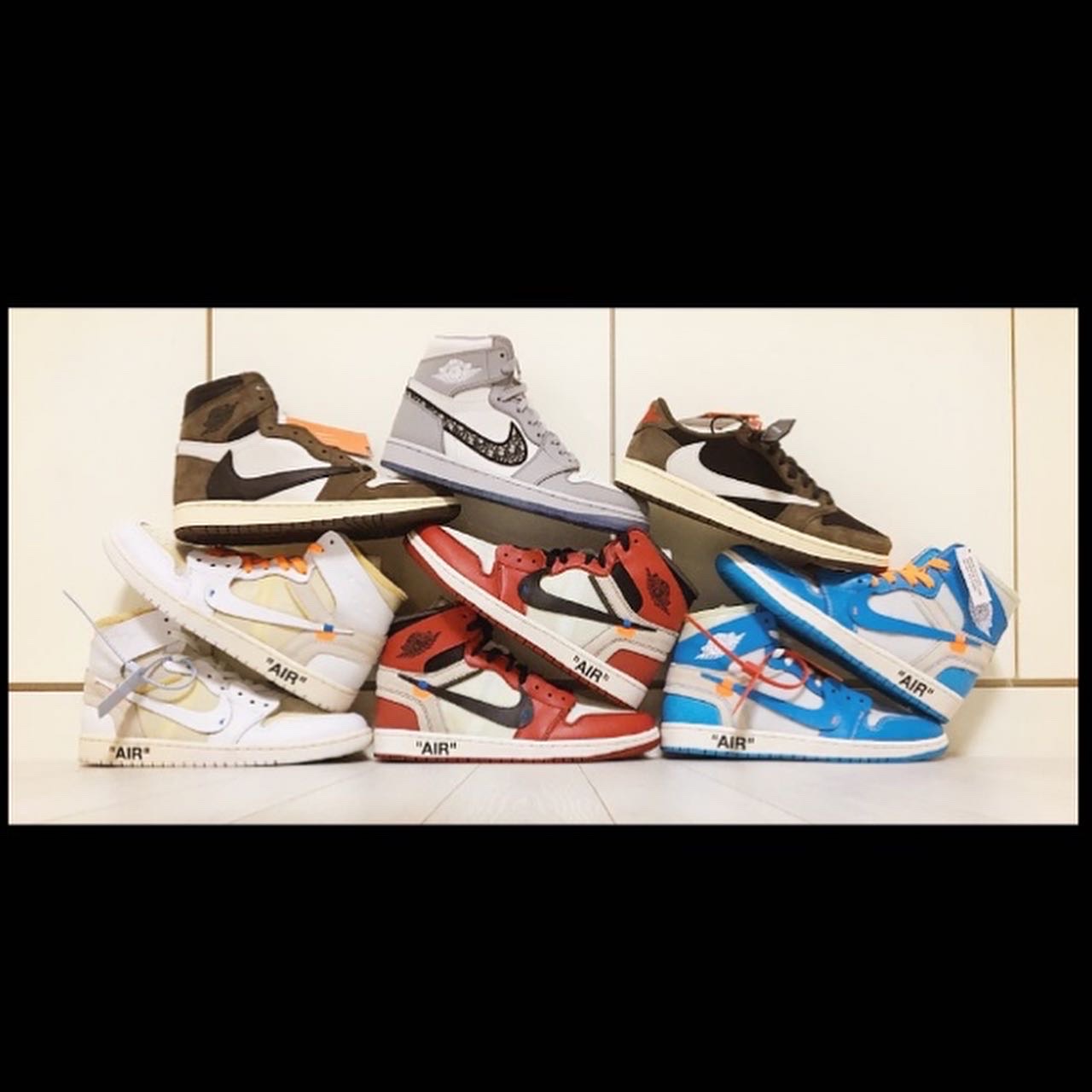 Jordan 1 x Off-White Retro High University Blue, Jordan 1 x Off-White Retro High Chicago The Ten 착용 스타일 - 1