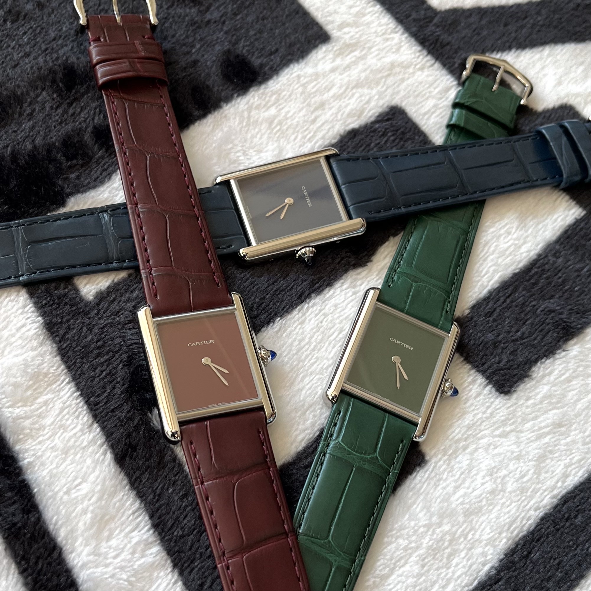 Cartier Tank Must Watch Large Quartz Steel Alligator Skin Green, Cartier Tank Must Watch Large Quartz Steel Alligator Skin Blue 착용 스타일 - 2