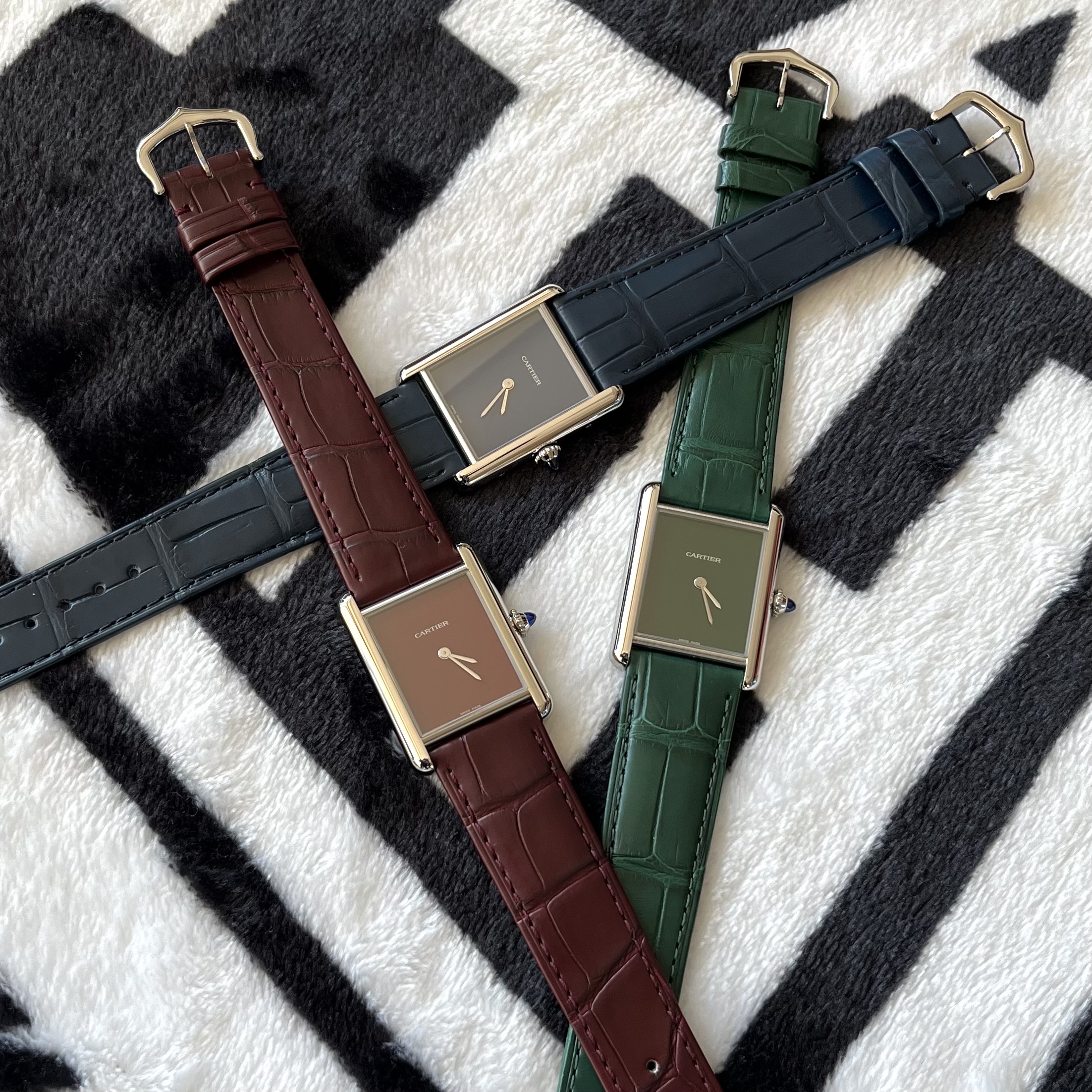Cartier Tank Must Watch Large Quartz Steel Alligator Skin Green, Cartier Tank Must Watch Large Quartz Steel Alligator Skin Blue 착용 스타일 - 1
