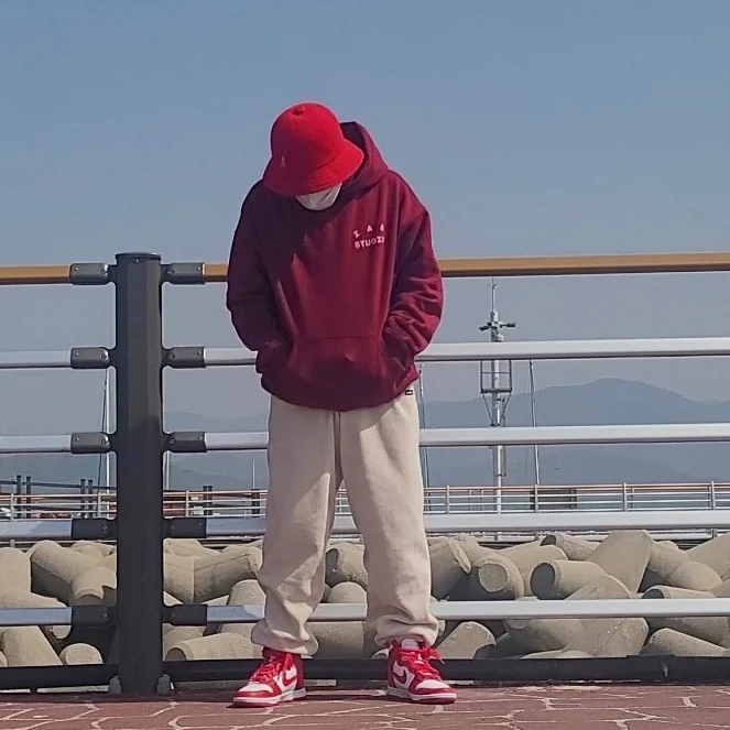 Nike Dunk High Retro Championship White and Red, IAB Studio Hoodie Raspberry 착용 스타일 - 3