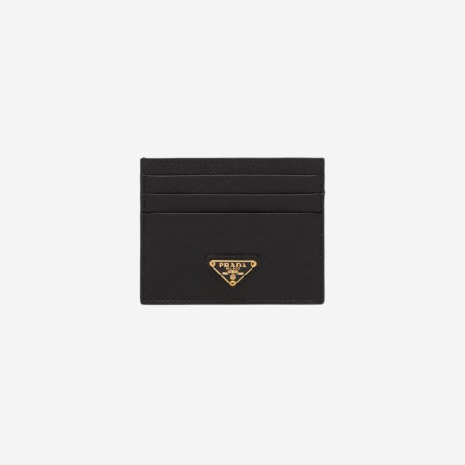 Prada Saffiano Leather Triangle Logo Card Holder Black Gold
