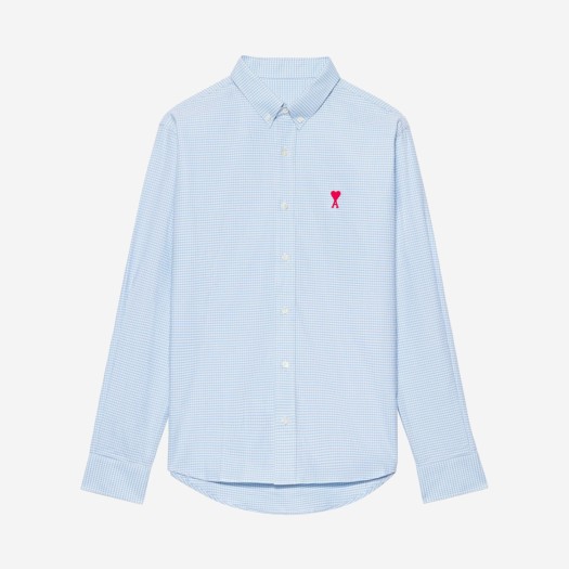 아미 스몰 하트 로고 깅엄 버튼 다운 셔츠 스카이 블루 화이트