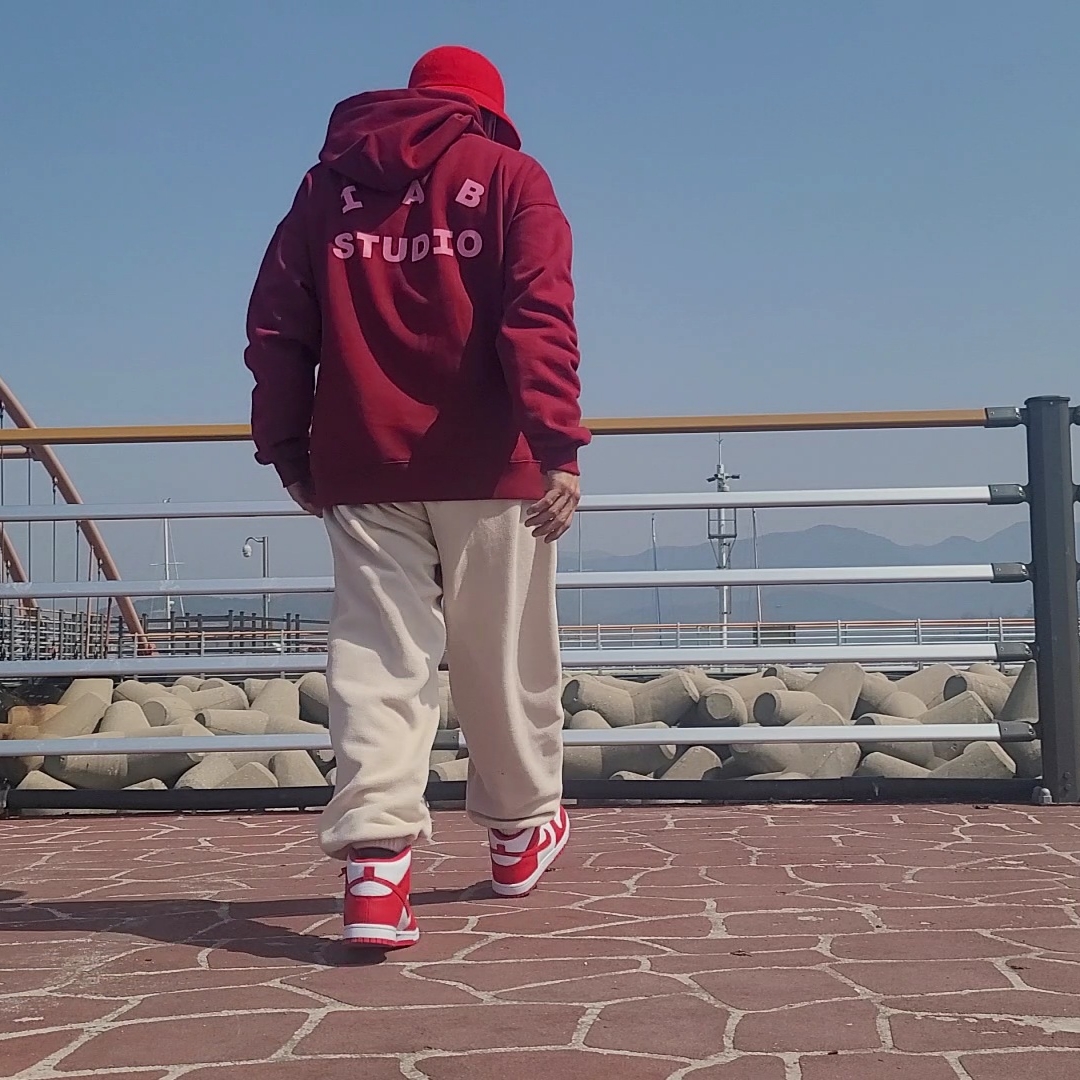 Nike Dunk High Retro Championship White and Red, IAB Studio Hoodie Raspberry 착용 스타일 - 2