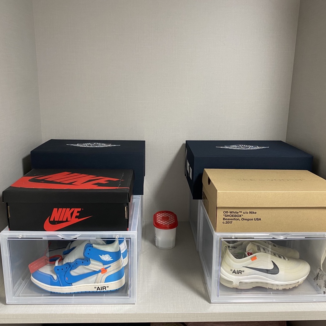 Nike x Off-White Air Max 97 OG The Ten, Jordan 1 x Off-White Retro High University Blue 착용 스타일
