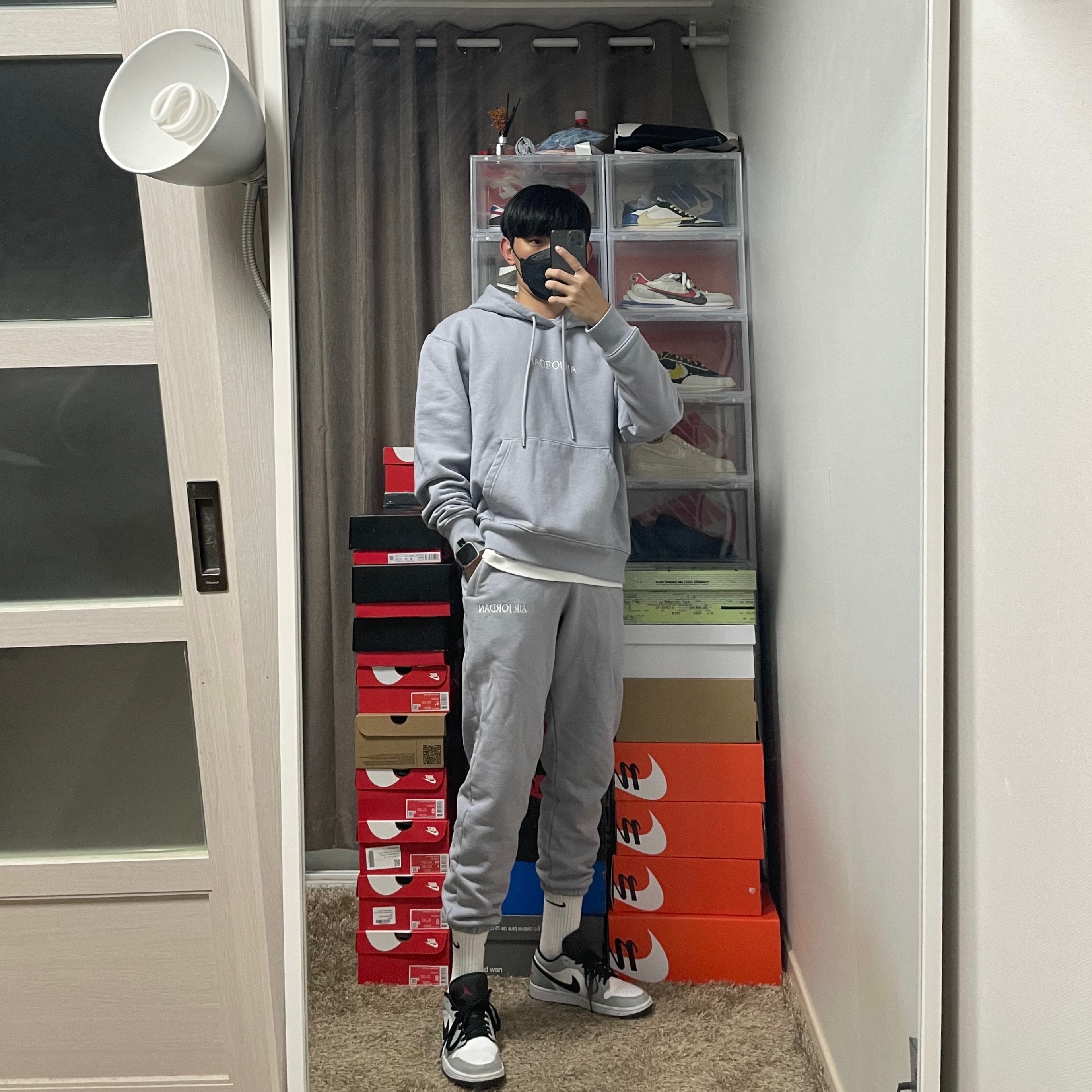 Jordan Wordmark Fleece Hoodie Light Steel Grey - Asia, (W) Jordan Wordmark Fleece Pants Light Steel Grey - Asia 착용 스타일