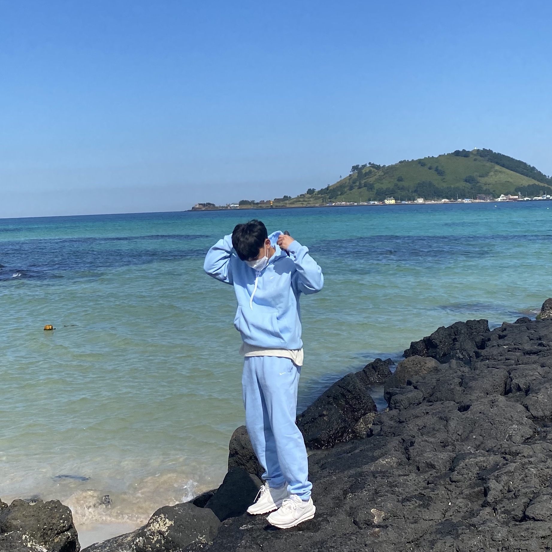 Nike M NRG Hoodie Psychic Blue, Nike NRG Solo Swoosh Fleece Pants Psychic Blue - US/EU 착용 스타일