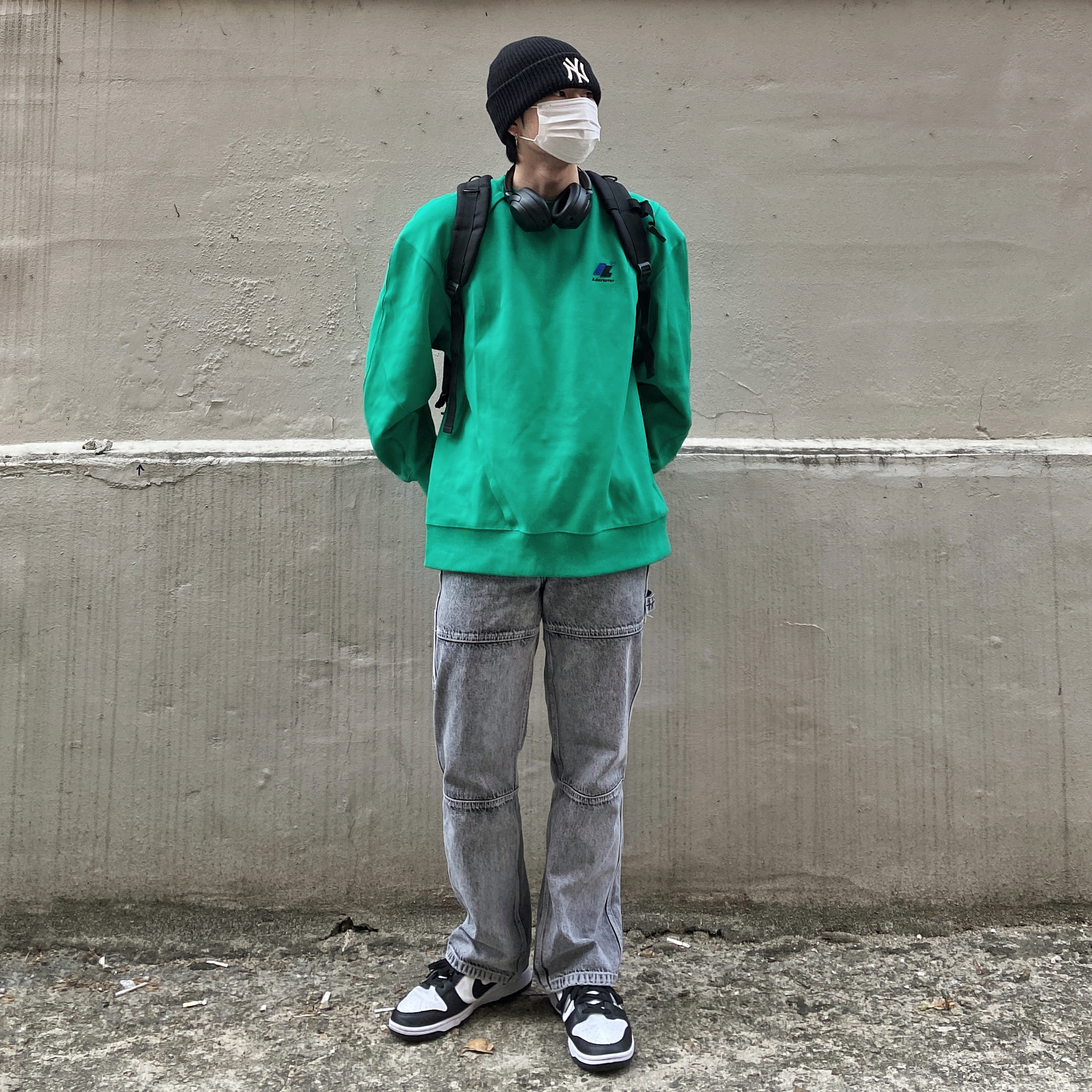 Nike Dunk Low Retro Black, Zara x Ader Error Oversize Sweatshirt Green 착용 스타일