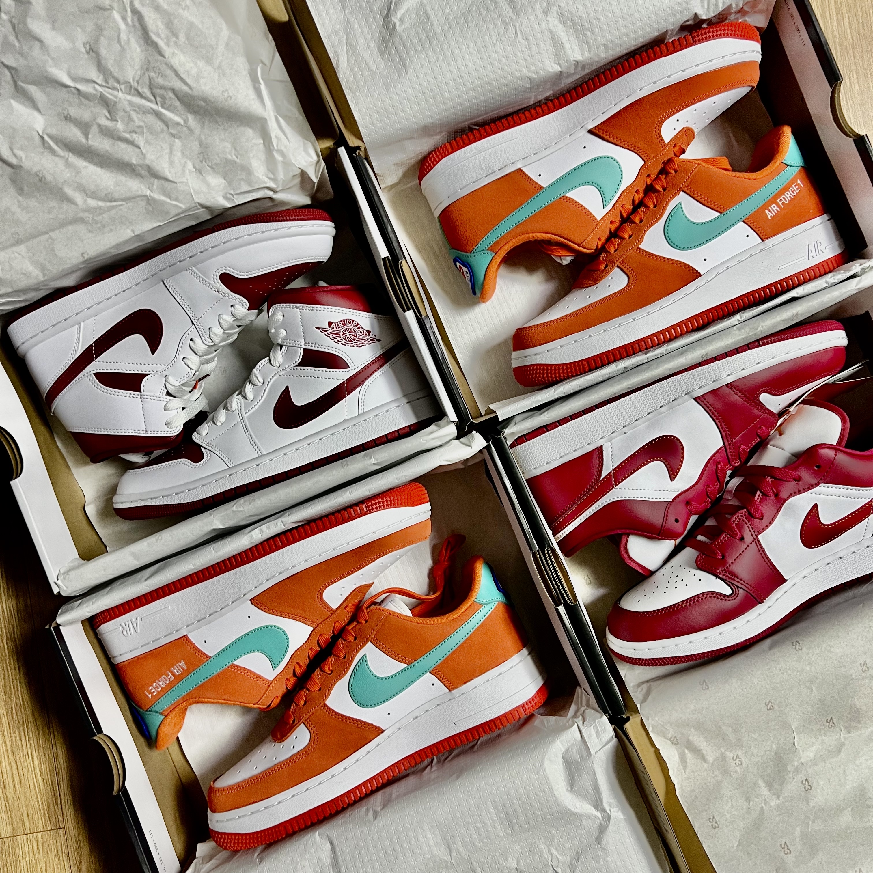 Nike Air Force 1 '07 LV8 Athletic Club Rush Orange Washed Teal, (W) Jordan 1 Mid Championship Red 착용 스타일