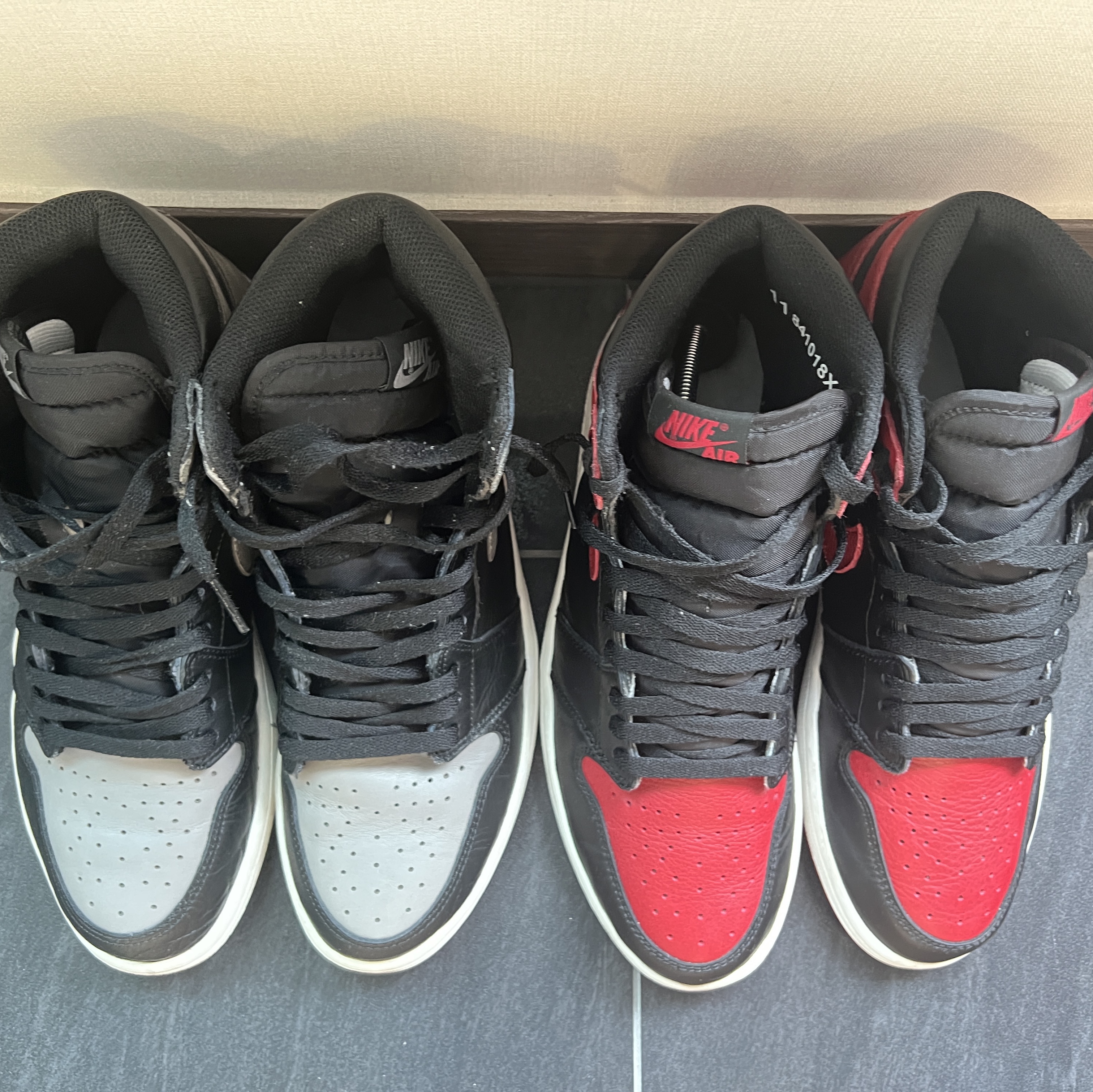 Jordan 1 Retro High OG Shadow 2018, Jordan 1 Retro High OG Bred Banned 2016 착용 스타일 - 1