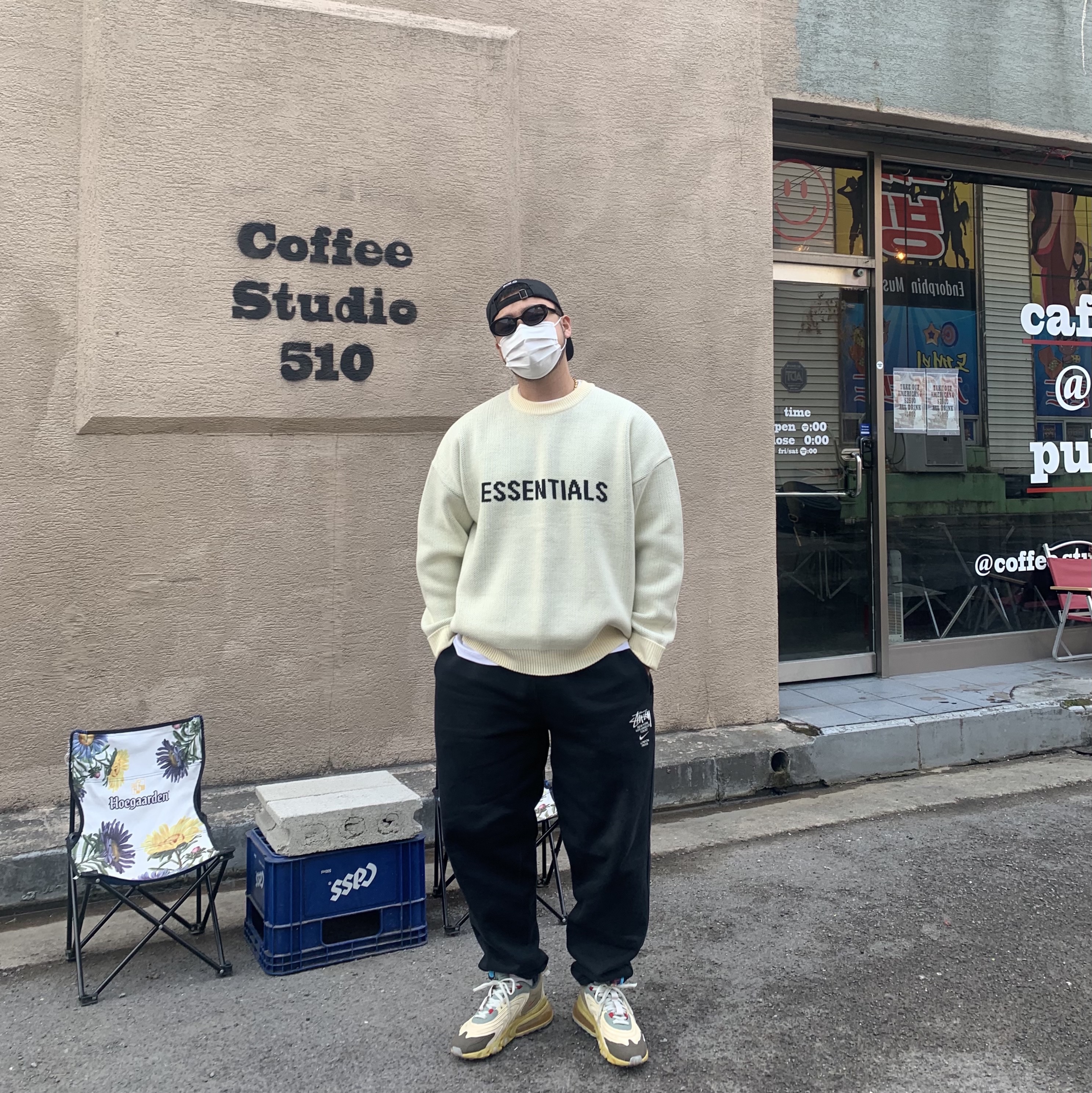 Essentials Knit Sweater Buttercream - 20SS, Nike x Stussy NRG ZR Fleece Pants Black - US/EU 착용 스타일