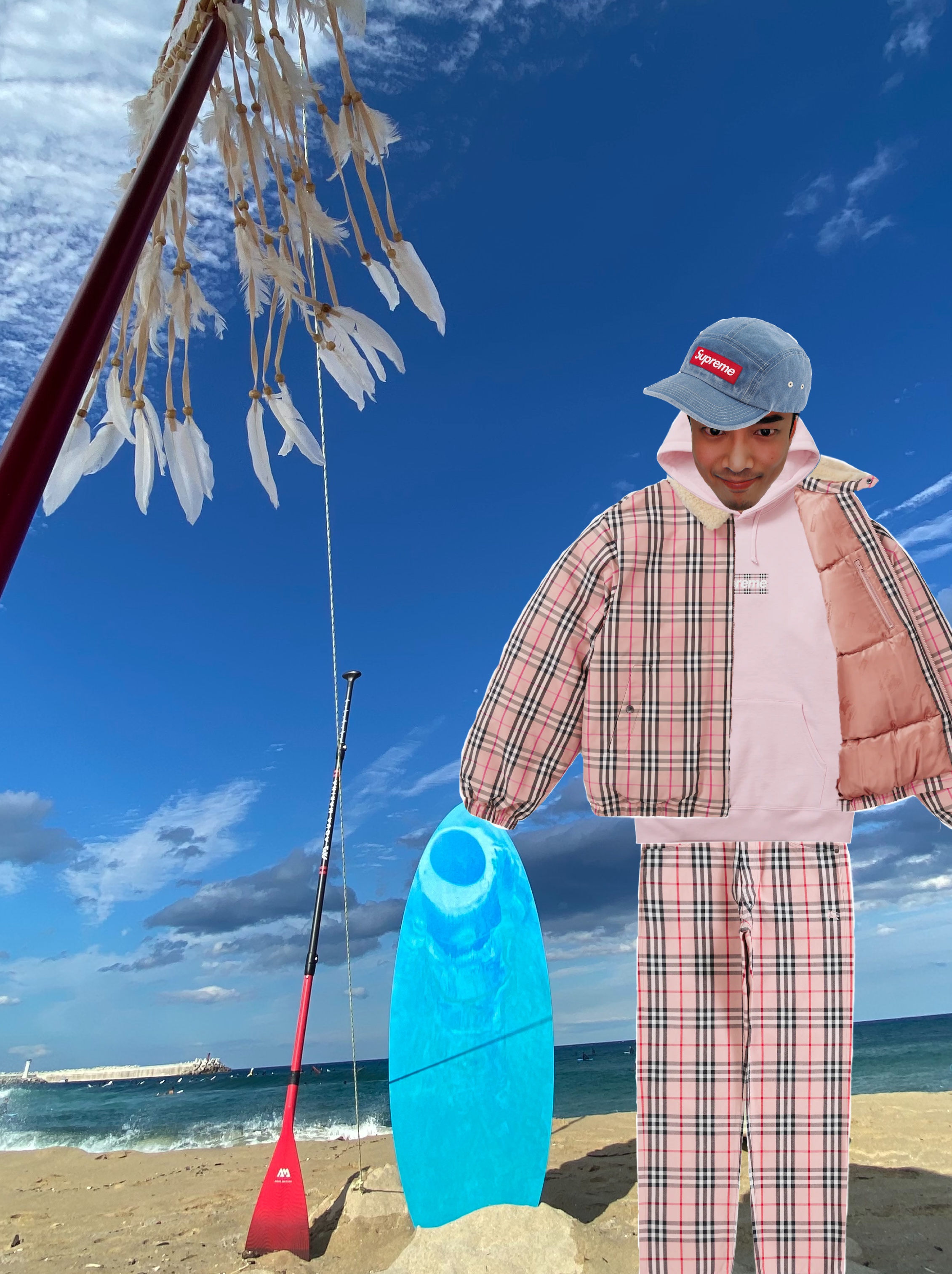 Supreme Washed Chino Twill Camp Cap Denim - 21SS, Supreme x Burberry Box Logo Hooded Sweatshirt Light Pink - 22SS 착용 스타일 - 1