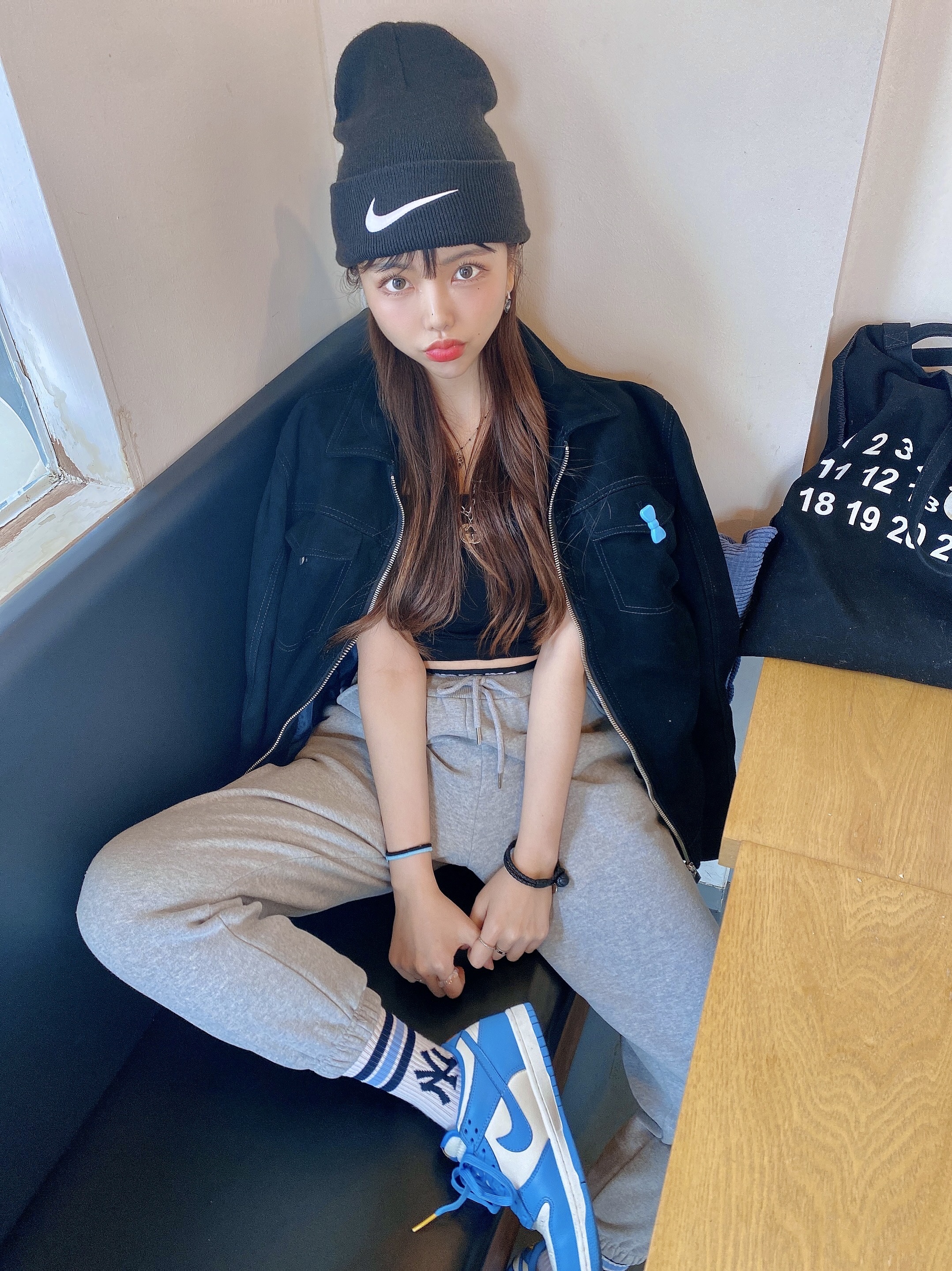 (W) Nike Dunk Low Coast, Nike x Stussy Cuff Beanie Black 착용 스타일