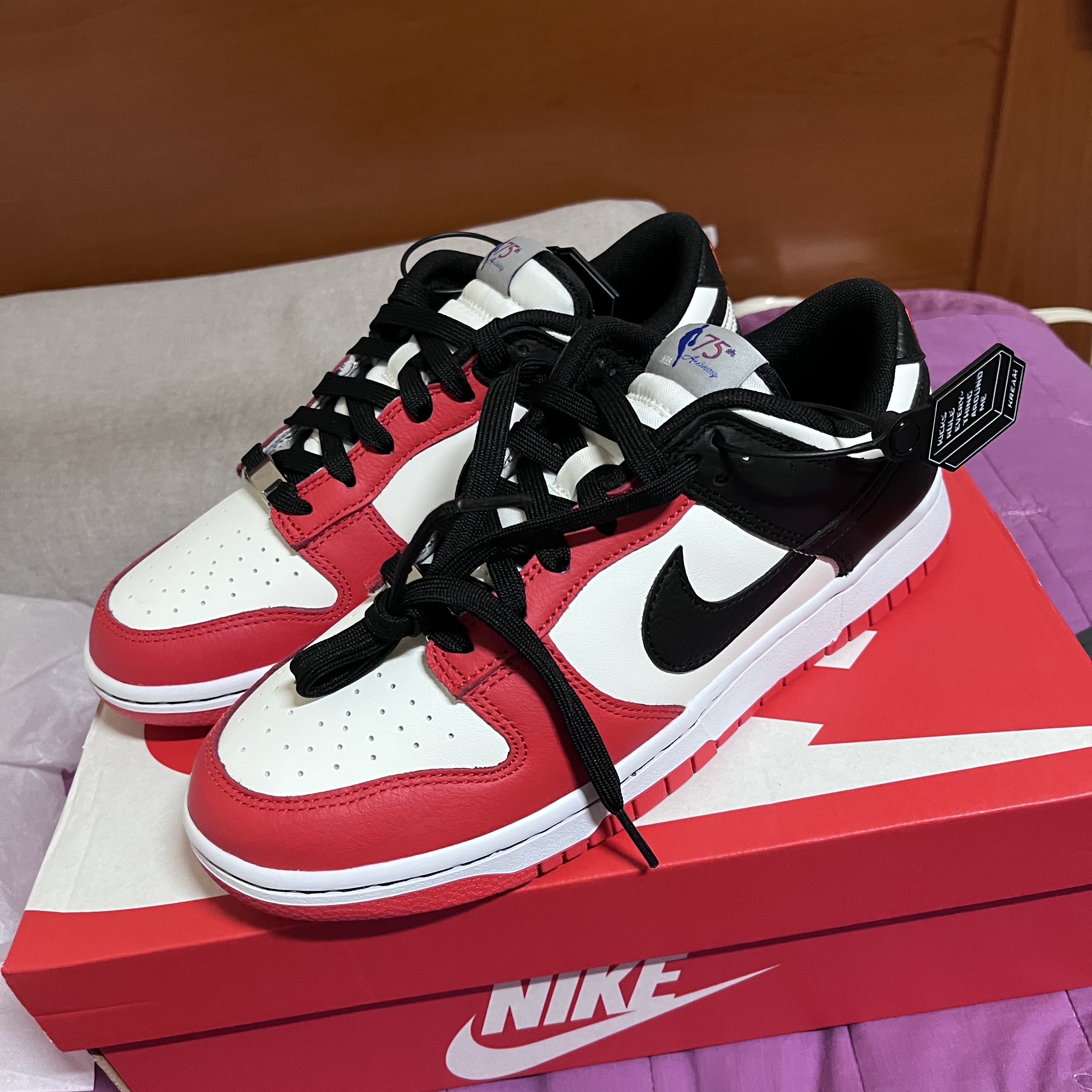 Nike x NBA Dunk Low Retro EMB Black and Chile Red 착용 스타일