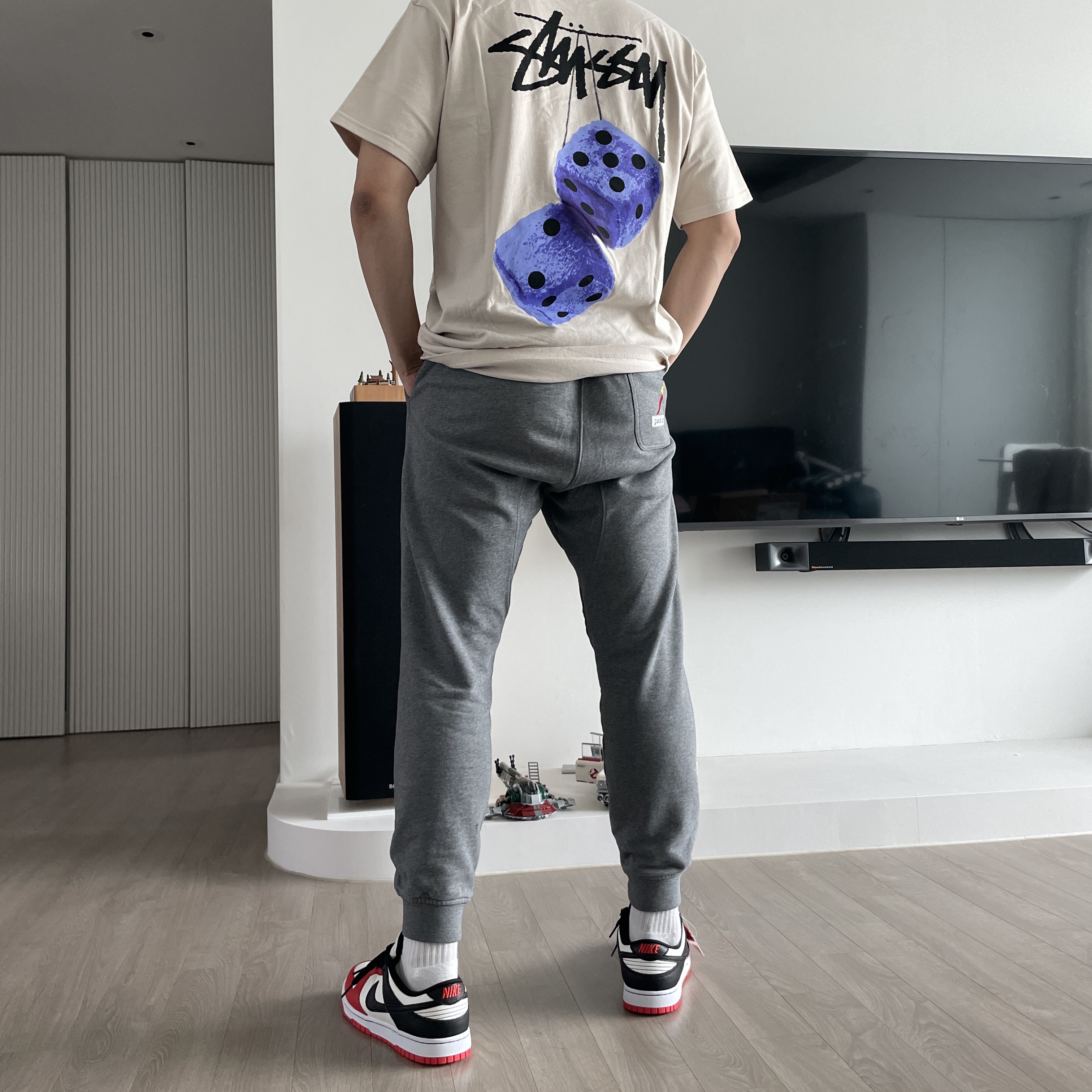 Stussy Fuzzy Dice T-Shirt Smoke, Nike x NBA Dunk Low Retro EMB Black and Chile Red 착용 스타일