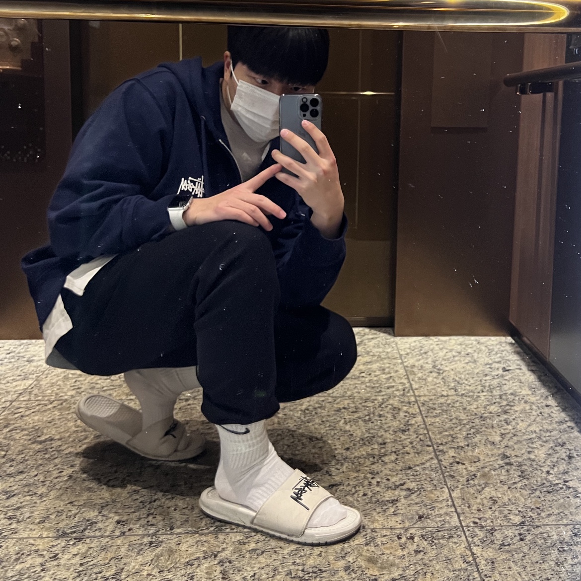Stussy Basic Stussy Zip Hoodie Navy 2021, Nike x Stussy Benassi Slide Sail 착용 스타일