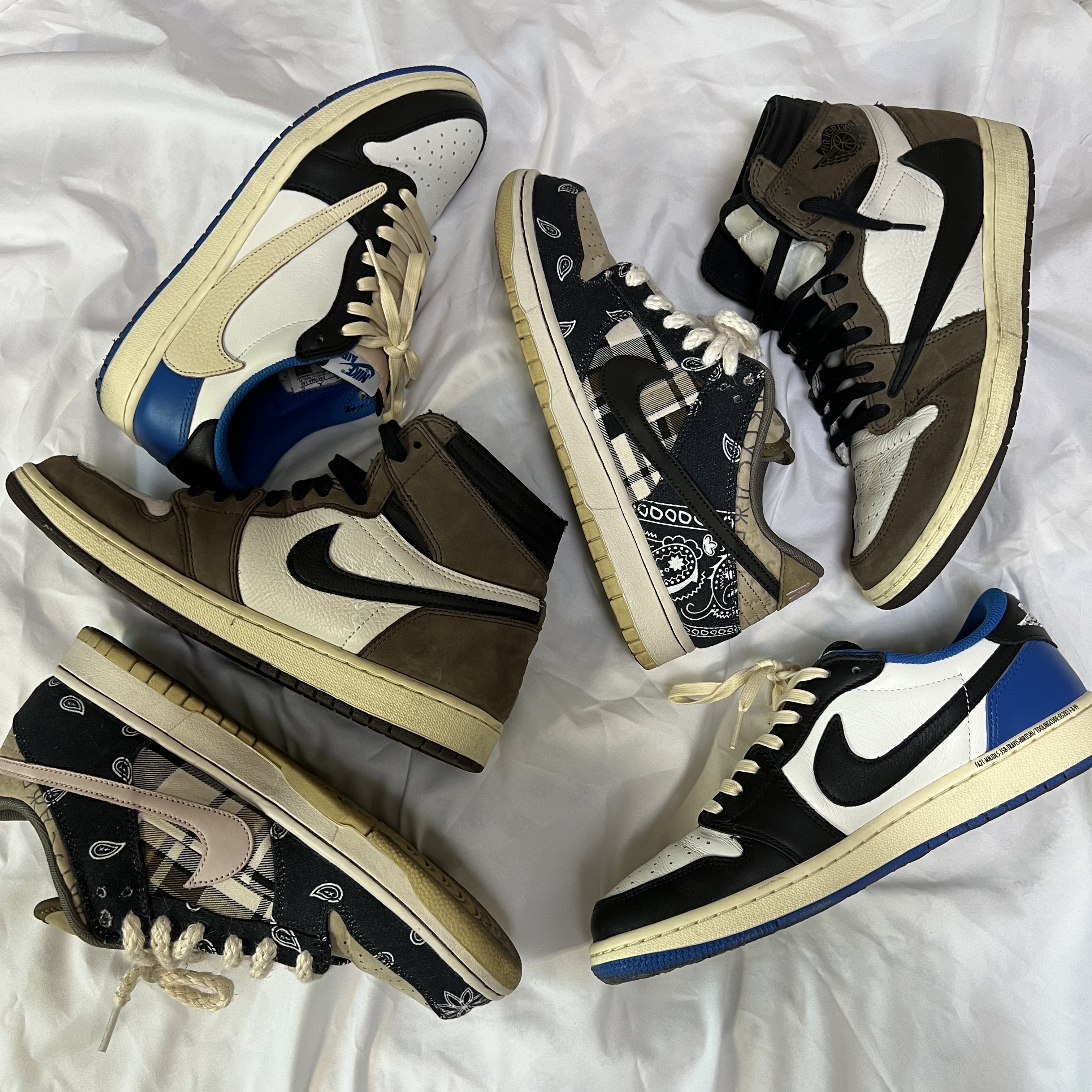 Jordan 1 x Travis Scott x Fragment Retro Low OG SP Military Blue, Jordan 1 x Travis Scott Retro High OG SP Mocha 착용 스타일