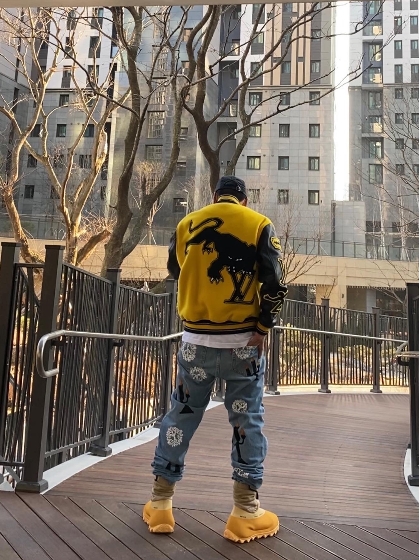 Louis Vuitton Leather Embroidered Varsity Jacket Black, adidas Yeezy Knit RNR Boot Sulfur 착용 스타일