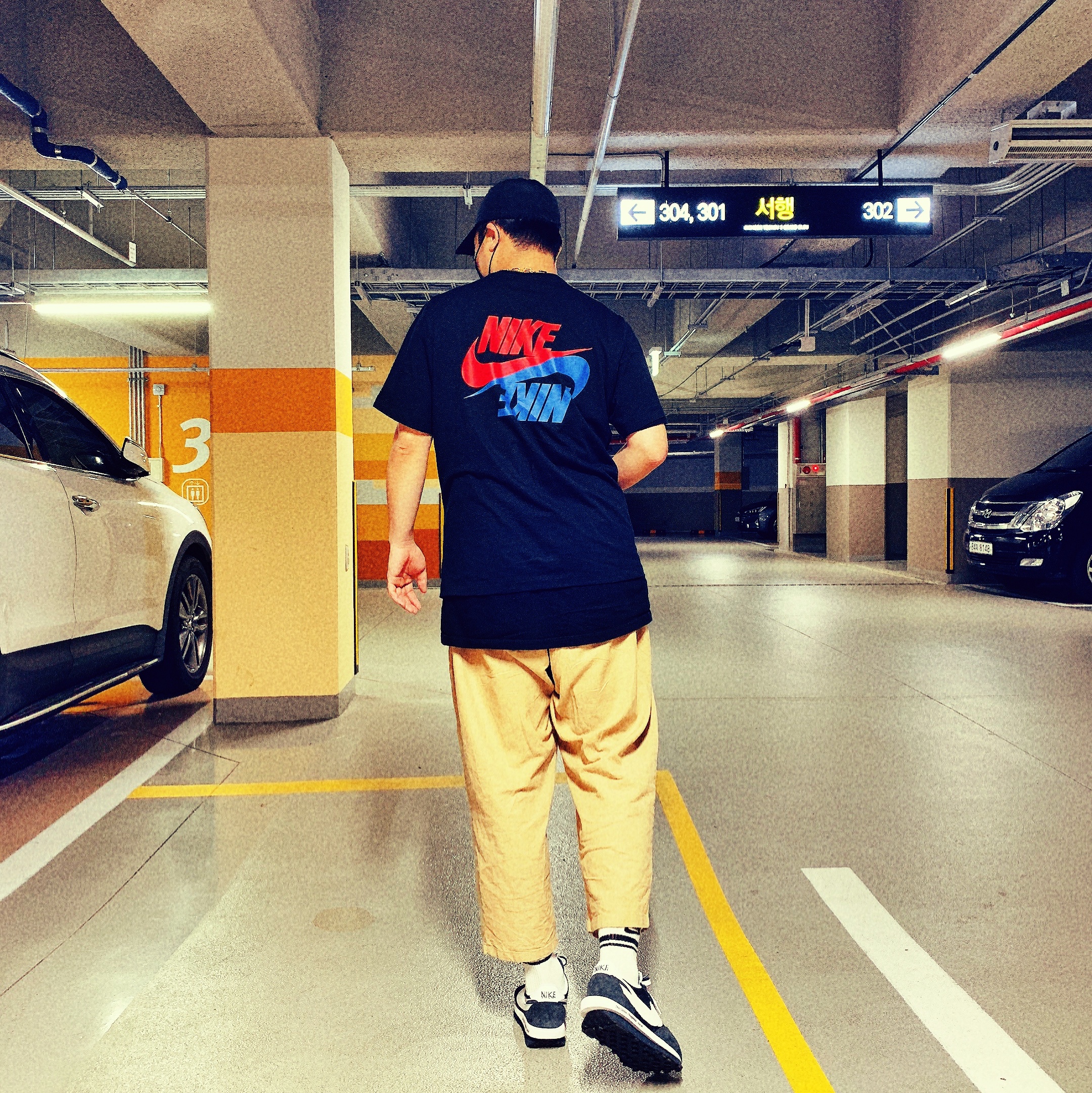 Nike x Sacai x Fragment LDWaffle Blackened Blue, Nike Hangul T-Shirt Black 착용 스타일