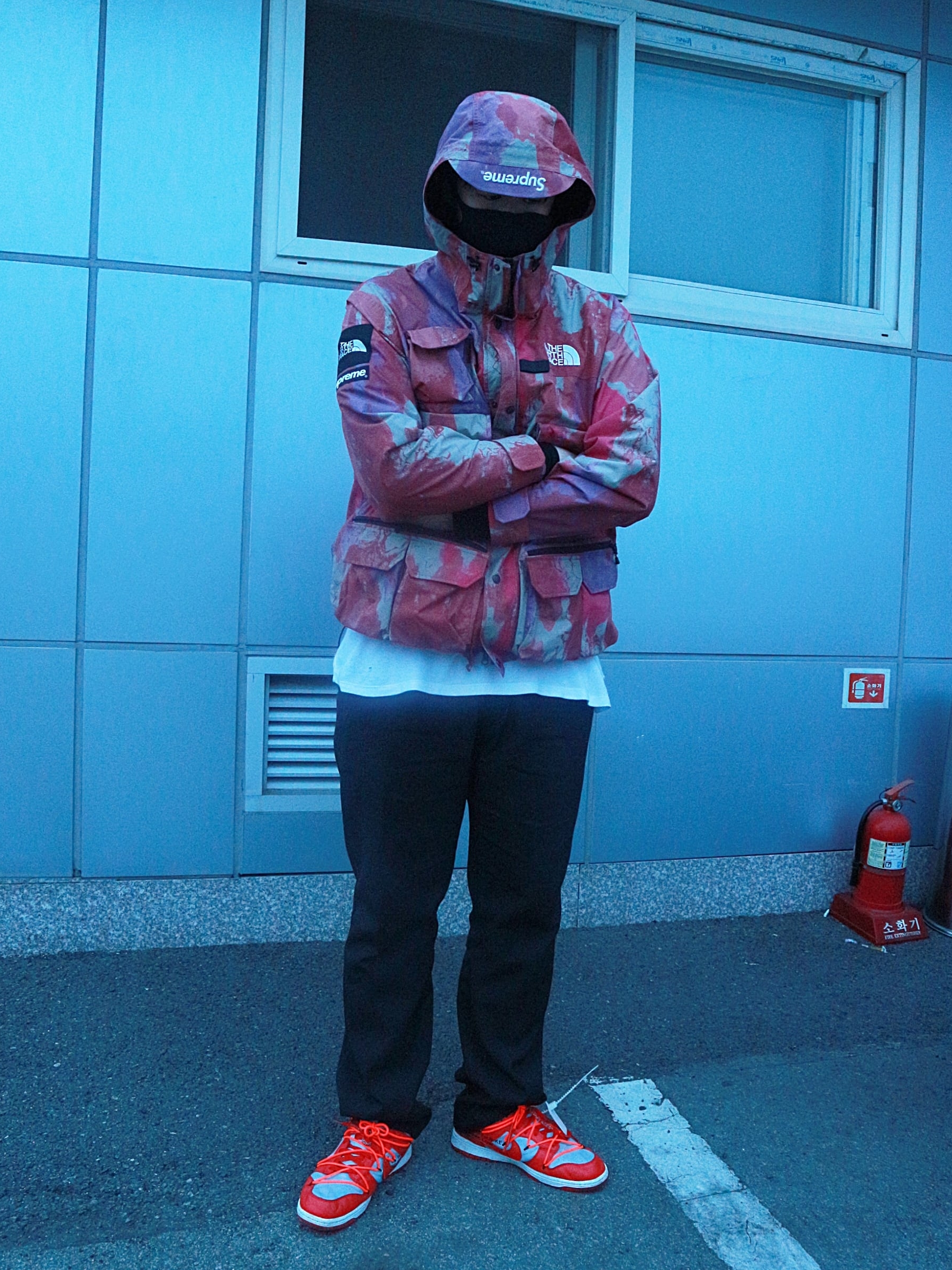 Supreme x The North Face Cargo Jacket Multi-Color - 20SS, Nike x Off-White Dunk Low University Red 착용 스타일 - 2