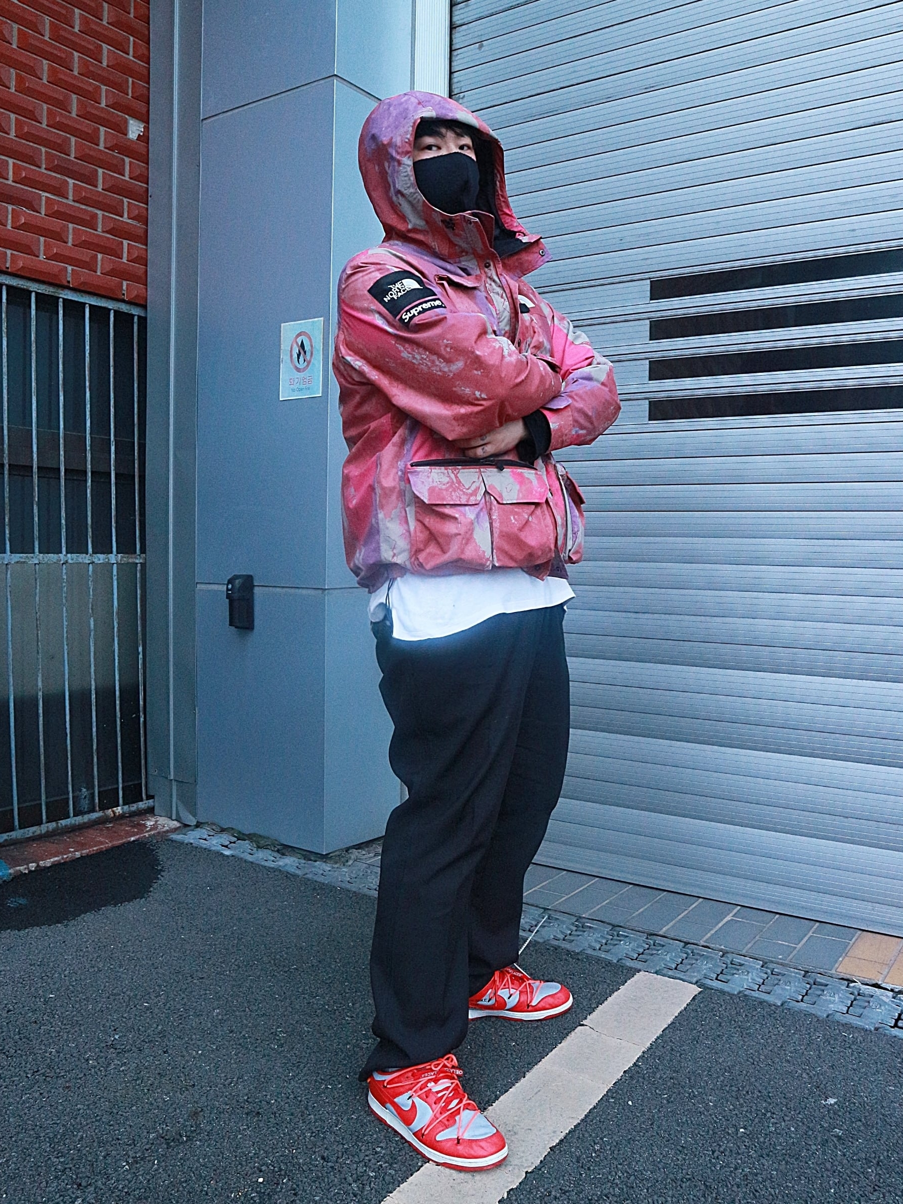 Supreme x The North Face Cargo Jacket Multi-Color - 20SS, Nike x Off-White Dunk Low University Red 착용 스타일 - 1