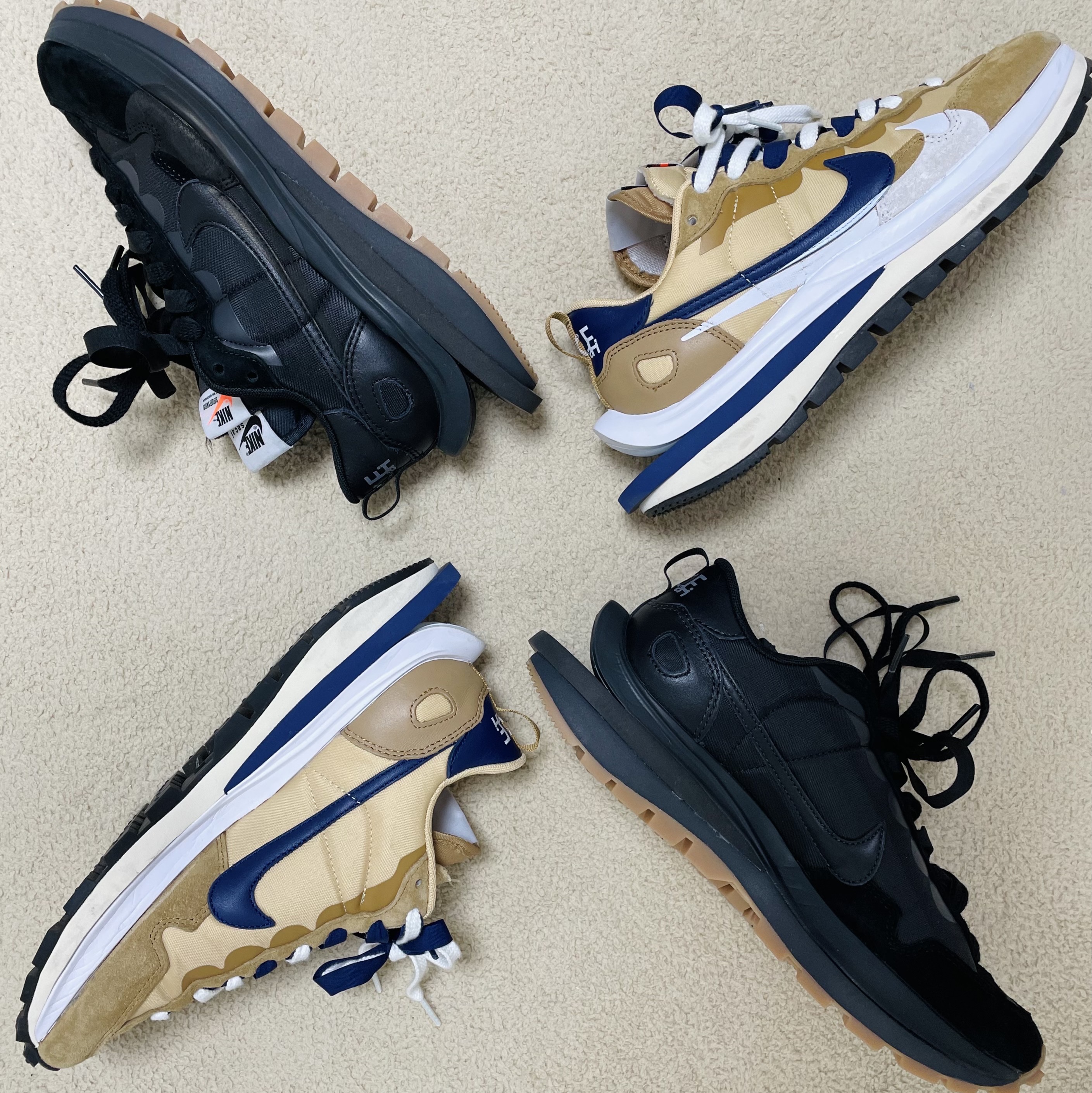Nike x Sacai VaporWaffle Black and Gum, Nike x Sacai VaporWaffle Sesame and Blue Void 착용 스타일