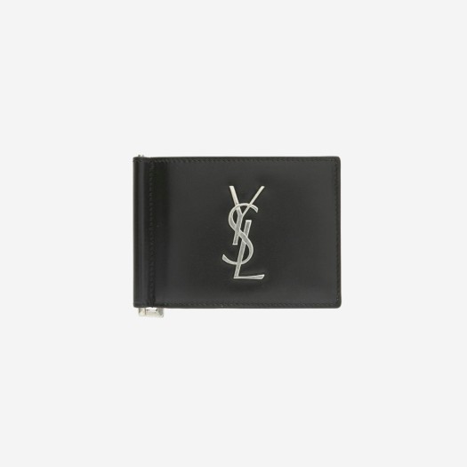 Saint Laurent Silver Monogram Bill Clip Wallet in Smooth Leather Black