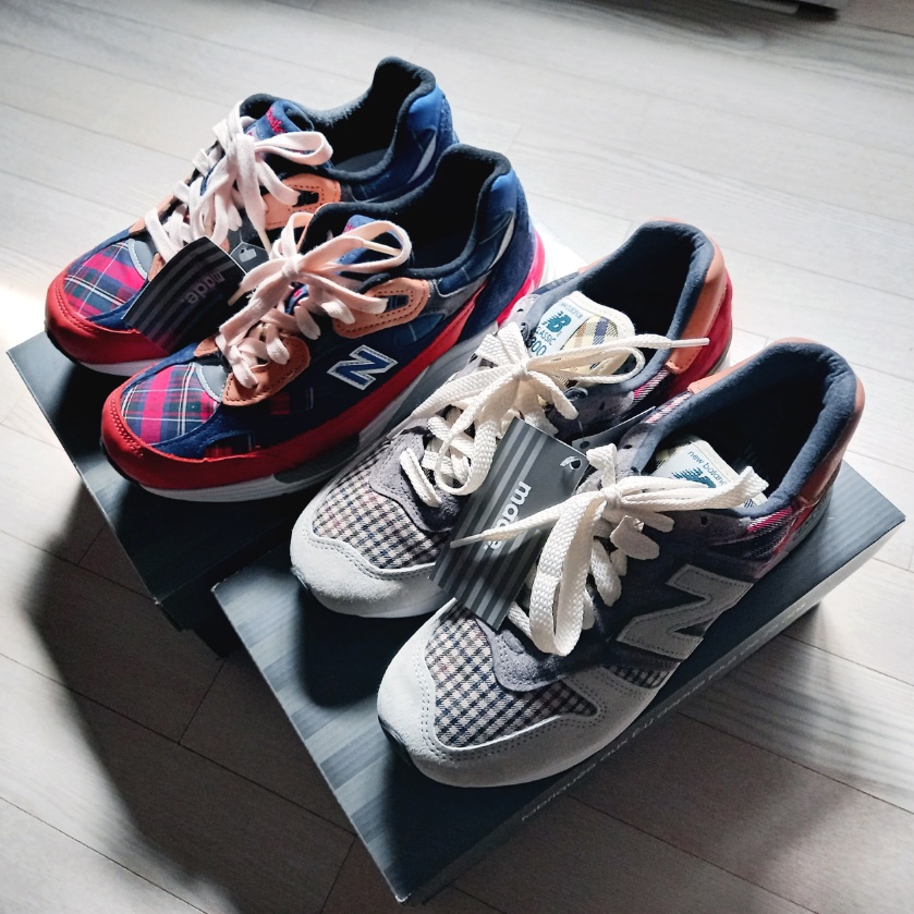 New Balance 992 Made in USA Plaid Orange Navy 착용 스타일