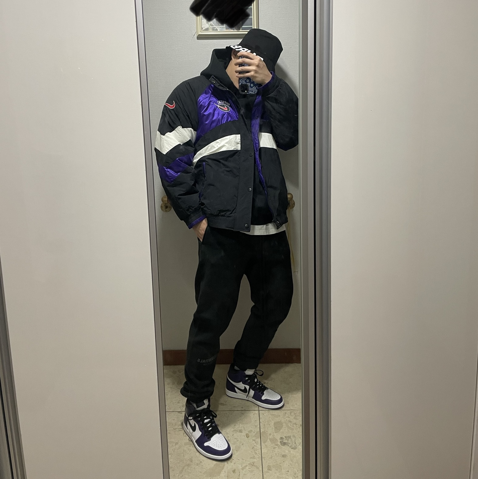 Supreme x Nike Hooded Sport Jacket Purple - 19SS, Jordan 1 Retro High OG Court Purple 2020 착용 스타일