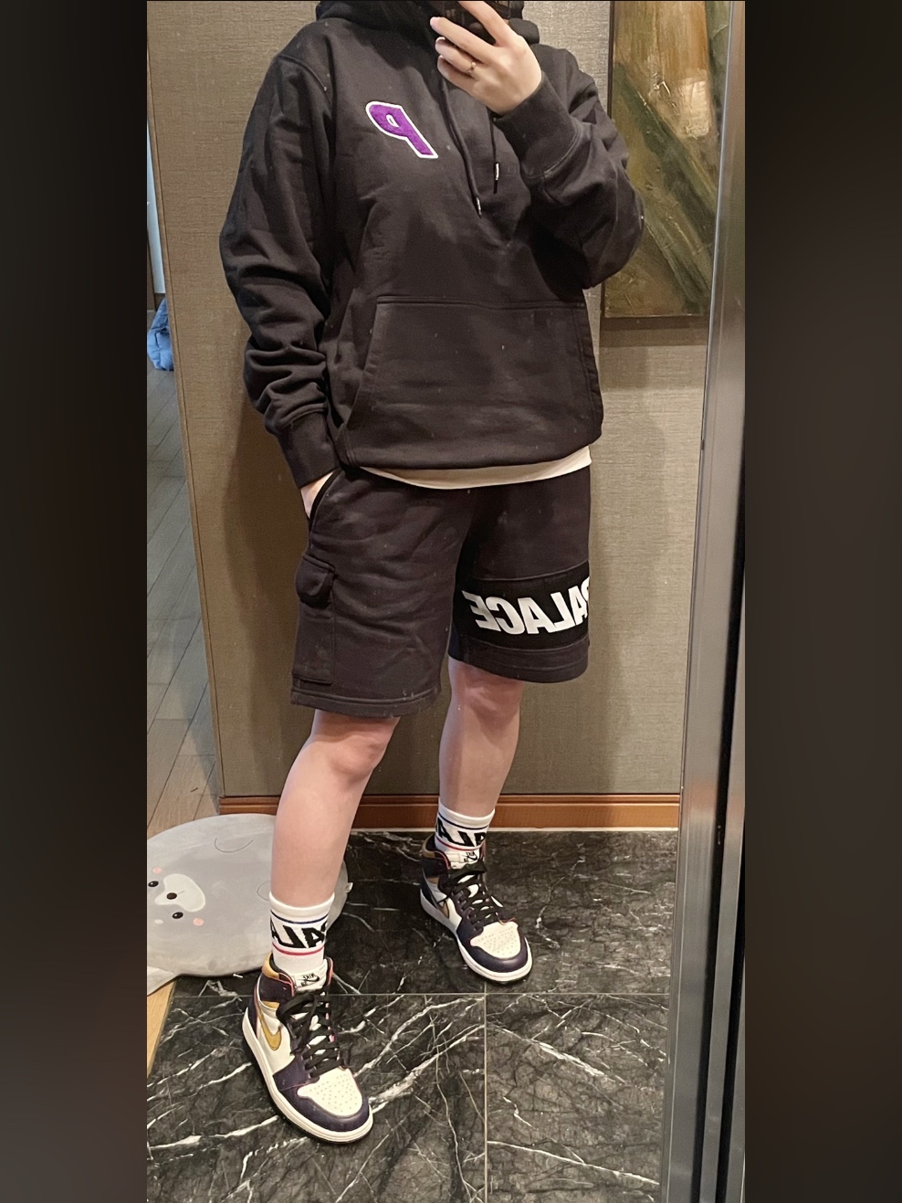Palace Tri-Chenille Hood Black - 21FW, Palace Giant Woven Label Shorts Black - 22SS 착용 스타일 - 2