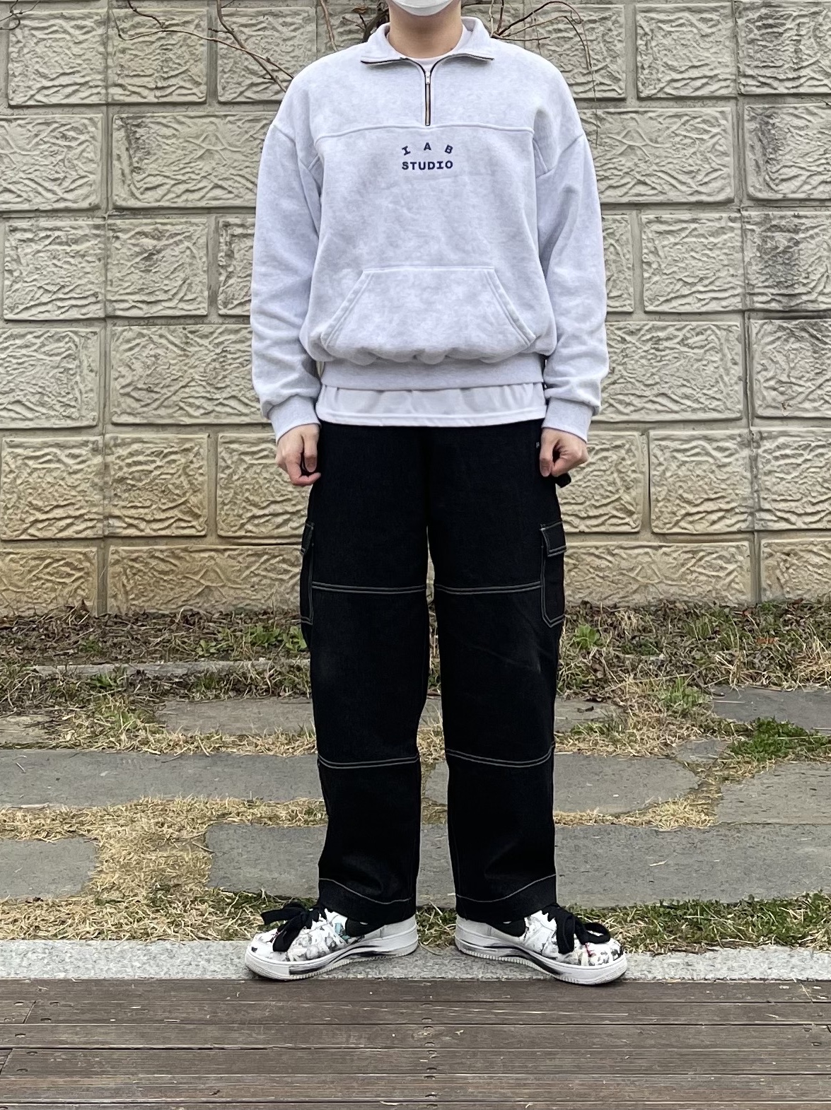 Nike x Peaceminusone Air Force 1 Low Para-Noise 2.0, IAB Studio Half Zip Pullover Light Gray 착용 스타일
