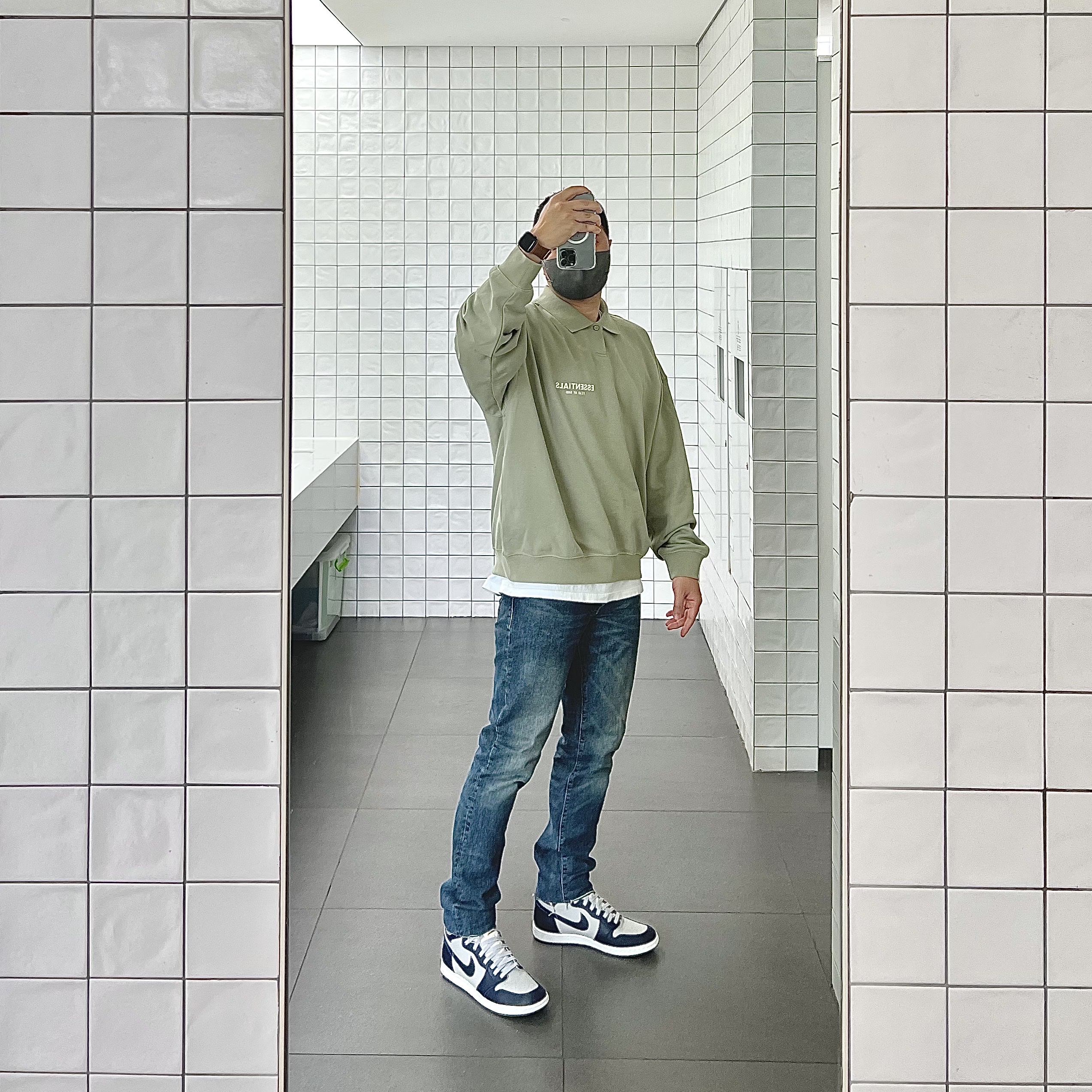 Jordan 1 High 85 College Navy, Essentials Long Sleeve Polo Seafoam - 22SS 착용 스타일